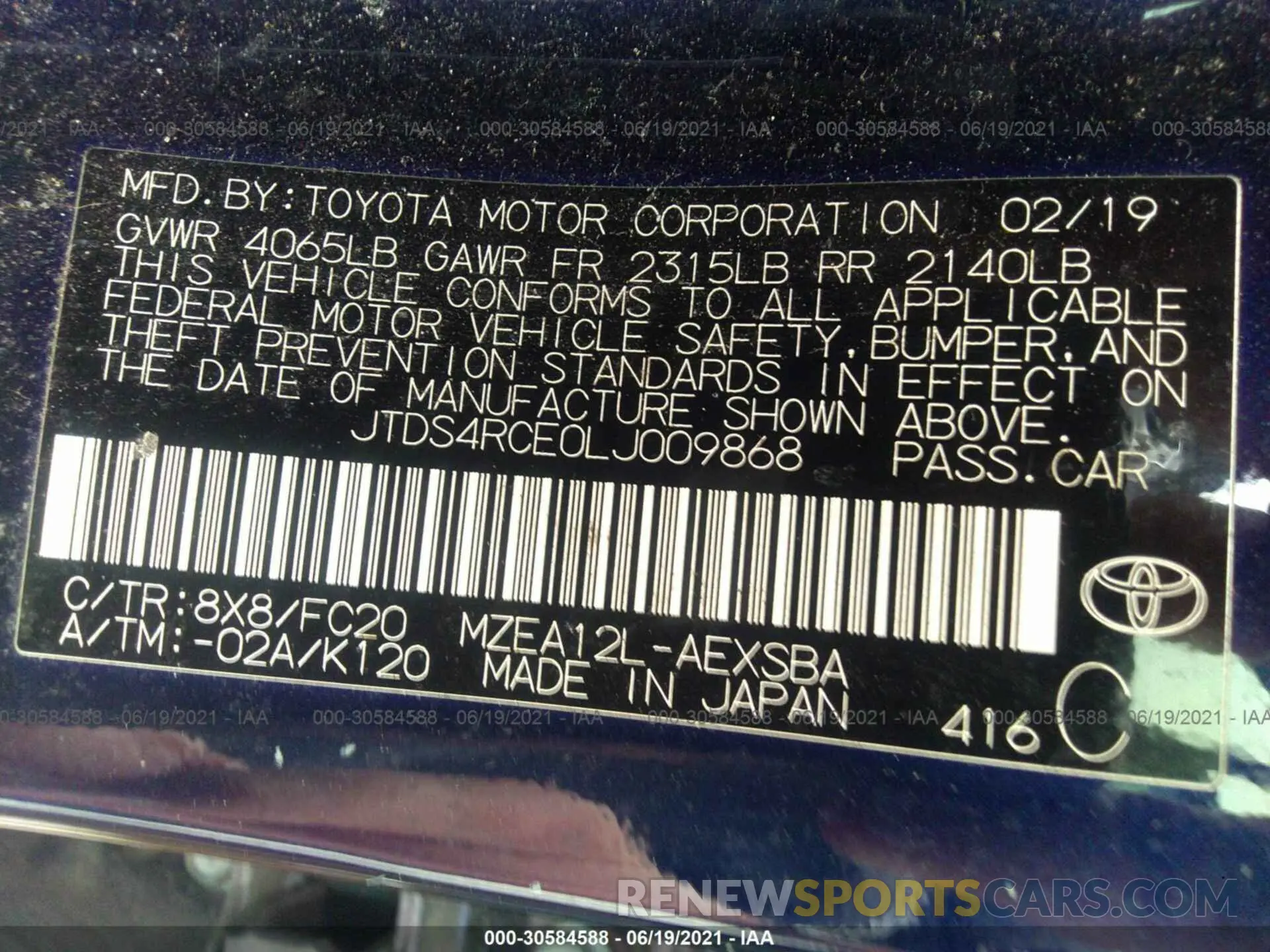 9 fotografías del automóvil dañado JTDS4RCE0LJ009868 TOYOTA COROLLA 2020