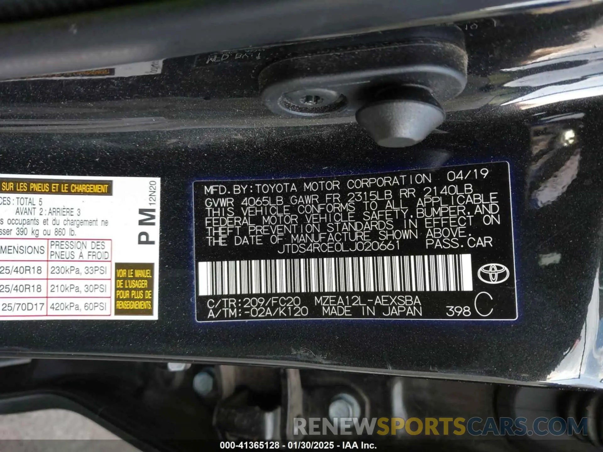 9 fotografías del automóvil dañado JTDS4RCE0LJ020661 TOYOTA COROLLA 2020
