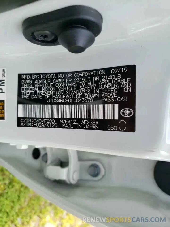 10 fotografías del automóvil dañado JTDS4RCE0LJ043678 TOYOTA COROLLA 2020