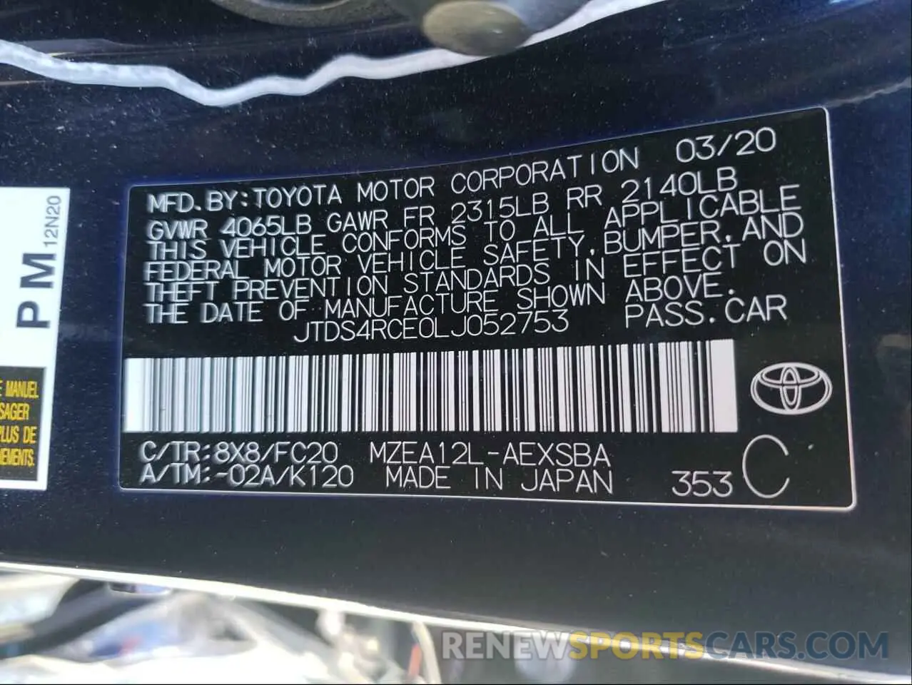 10 fotografías del automóvil dañado JTDS4RCE0LJ052753 TOYOTA COROLLA 2020
