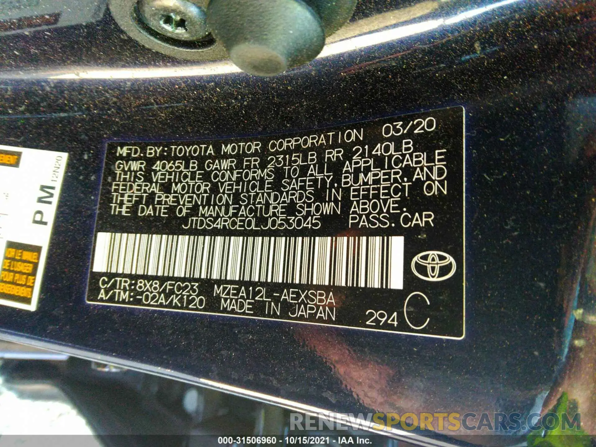 9 fotografías del automóvil dañado JTDS4RCE0LJ053045 TOYOTA COROLLA 2020