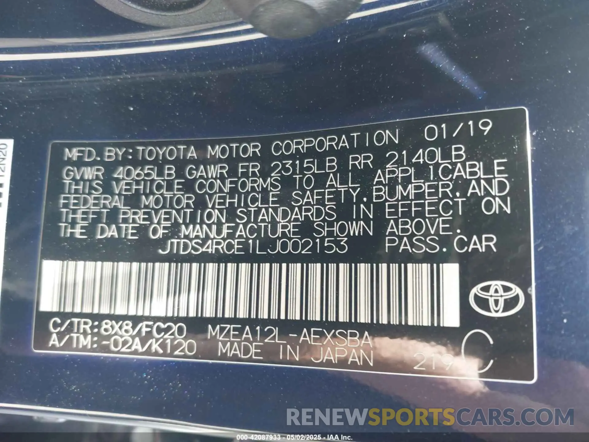 9 fotografías del automóvil dañado JTDS4RCE1LJ002153 TOYOTA COROLLA 2020