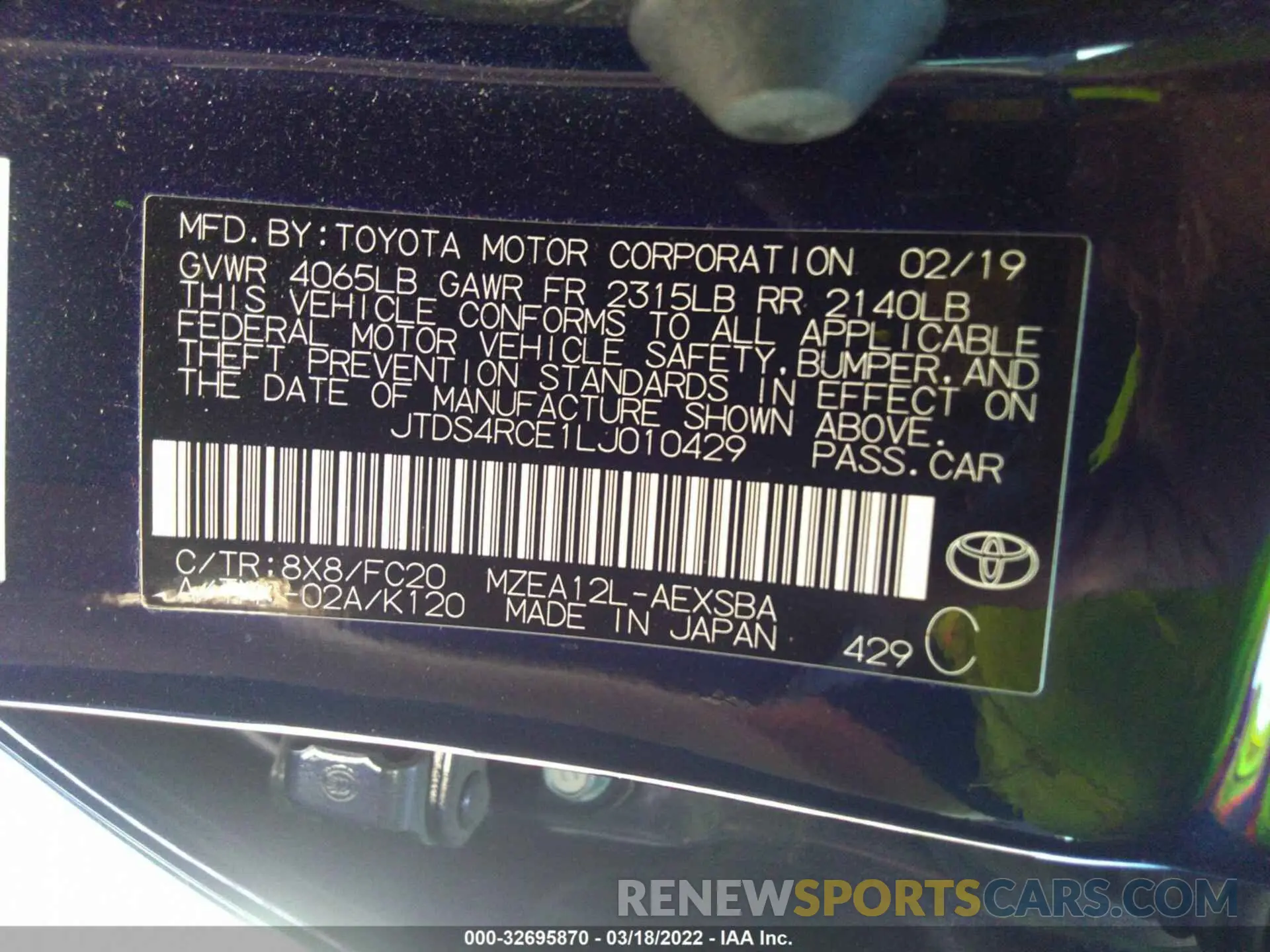 9 fotografías del automóvil dañado JTDS4RCE1LJ010429 TOYOTA COROLLA 2020