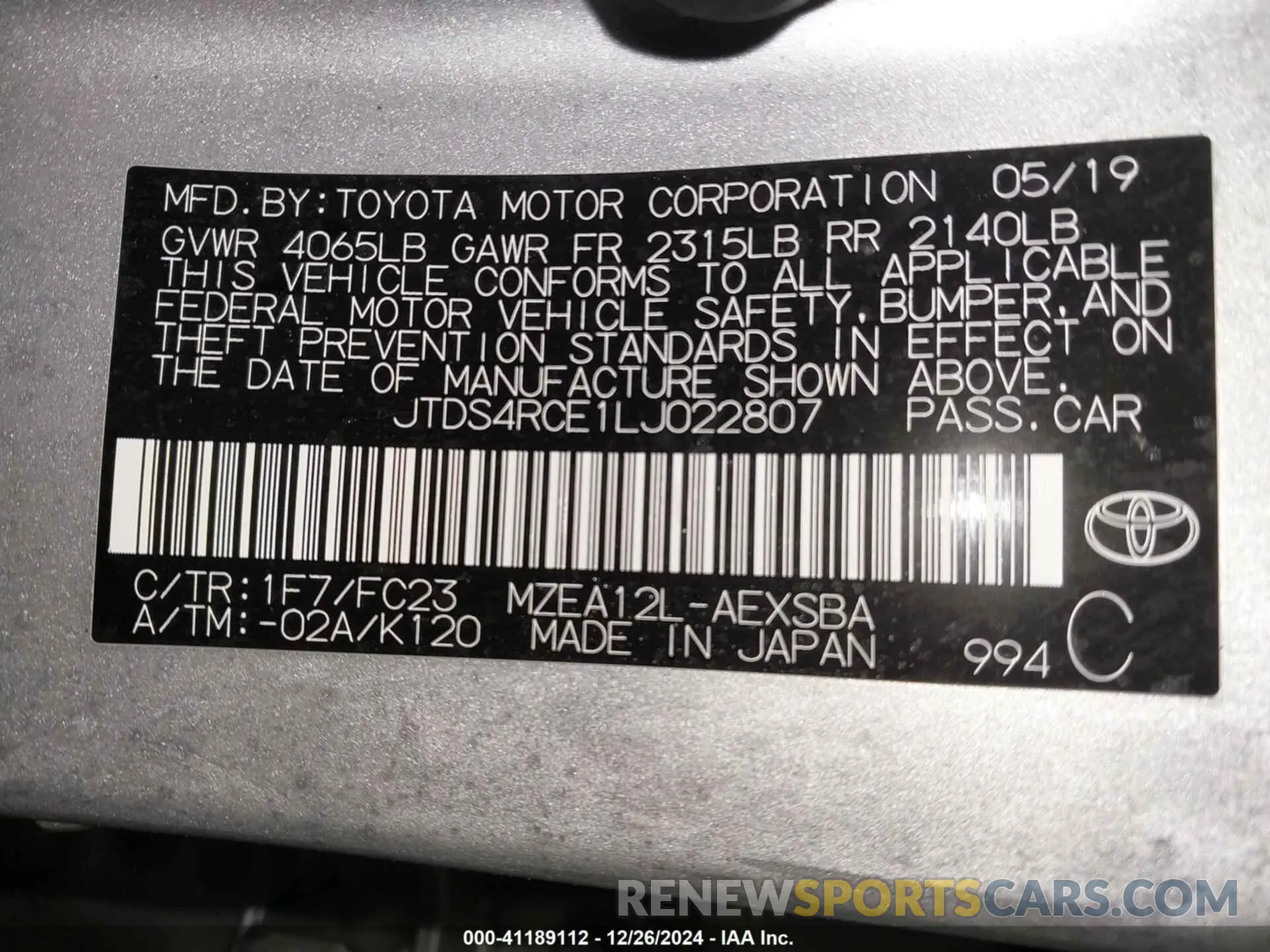 9 fotografías del automóvil dañado JTDS4RCE1LJ022807 TOYOTA COROLLA 2020
