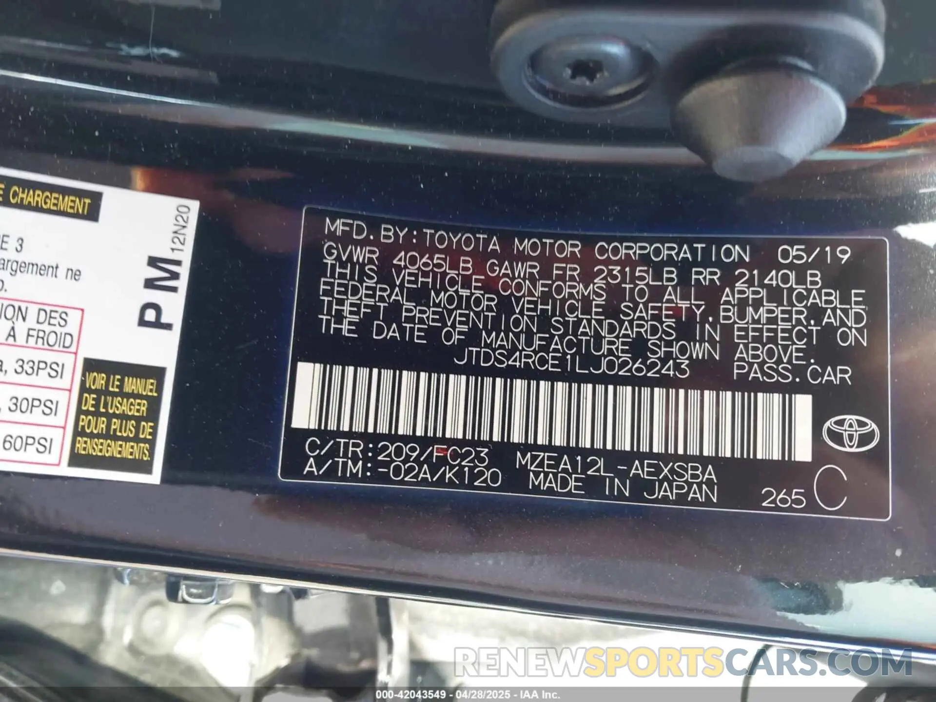 9 fotografías del automóvil dañado JTDS4RCE1LJ026243 TOYOTA COROLLA 2020