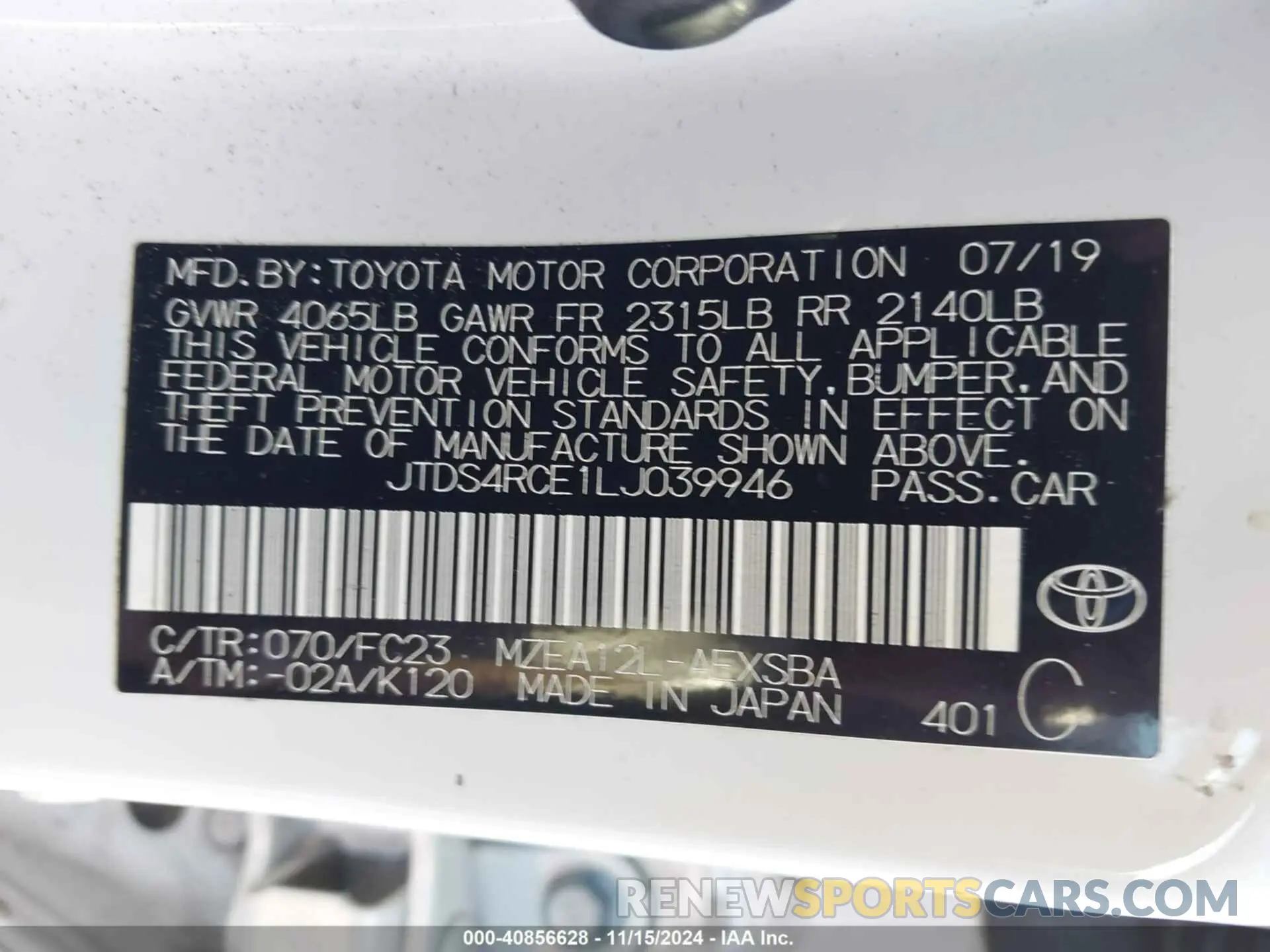 9 fotografías del automóvil dañado JTDS4RCE1LJ039946 TOYOTA COROLLA 2020