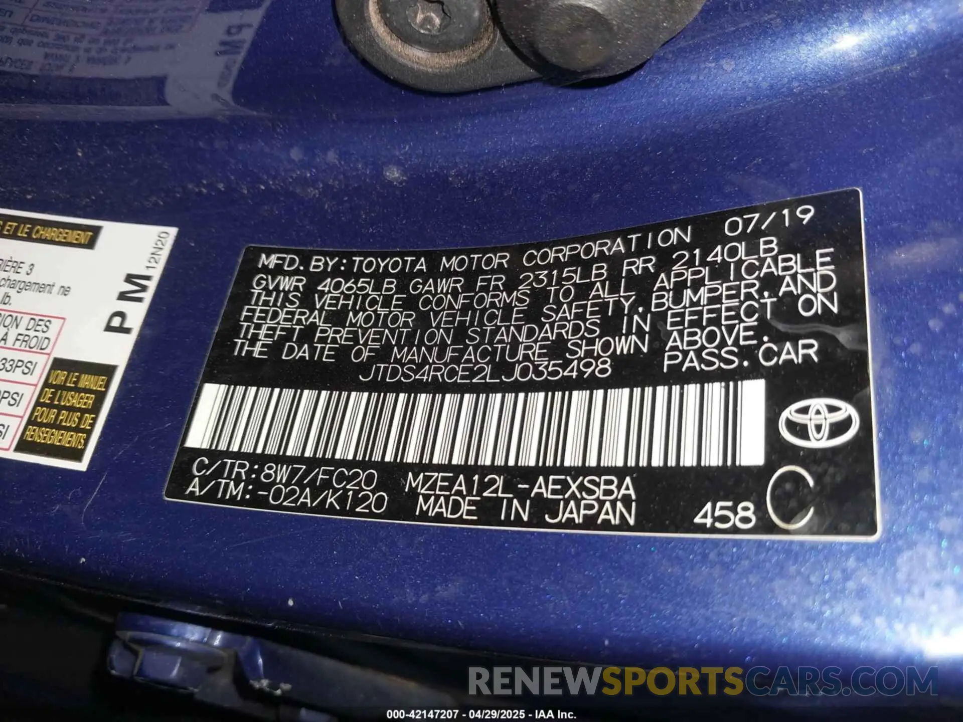 9 fotografías del automóvil dañado JTDS4RCE2LJ035498 TOYOTA COROLLA 2020