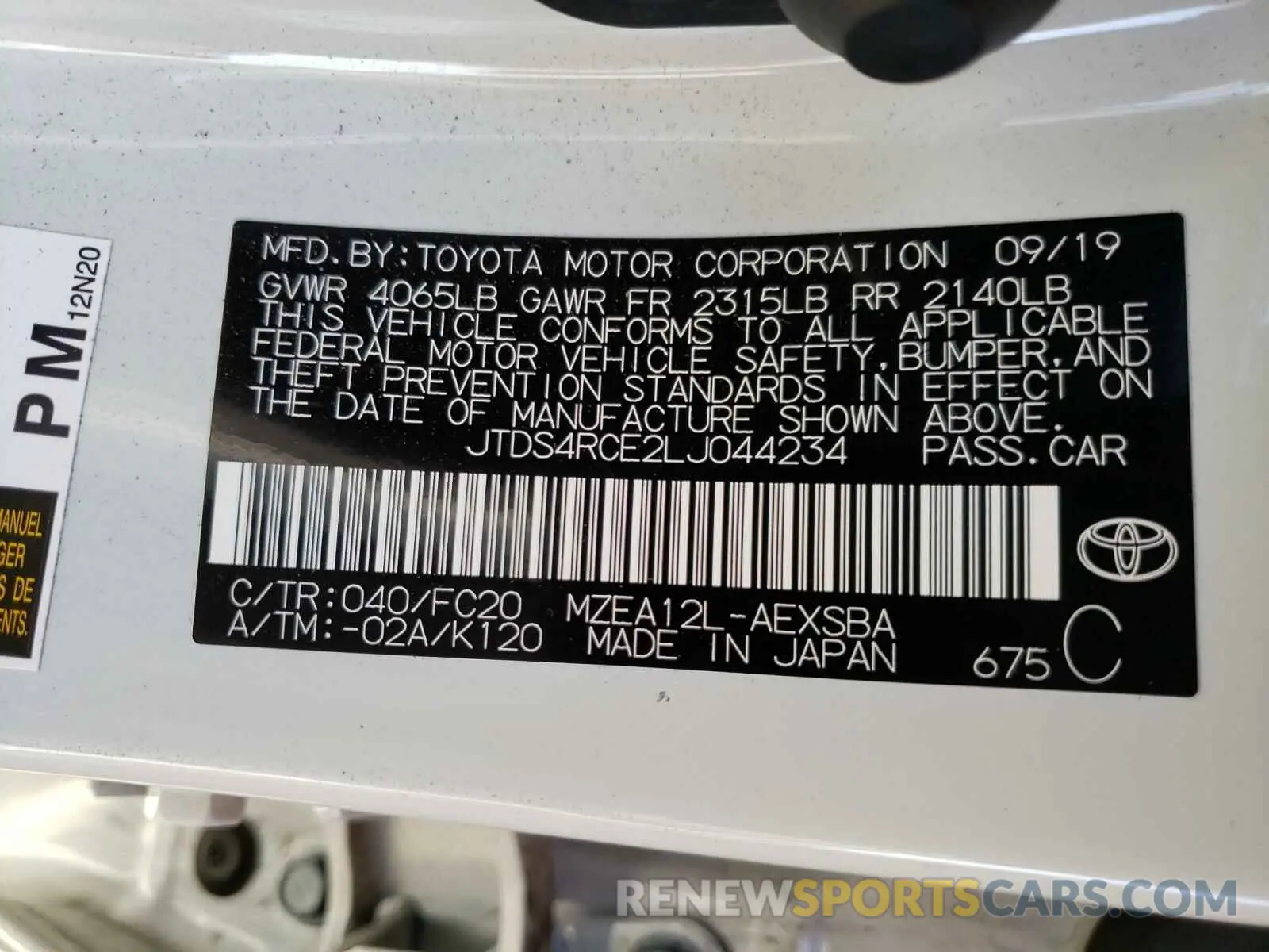 10 fotografías del automóvil dañado JTDS4RCE2LJ044234 TOYOTA COROLLA 2020