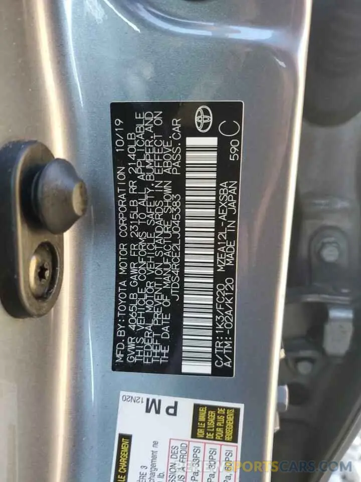12 fotografías del automóvil dañado JTDS4RCE2LJ045383 TOYOTA COROLLA 2020