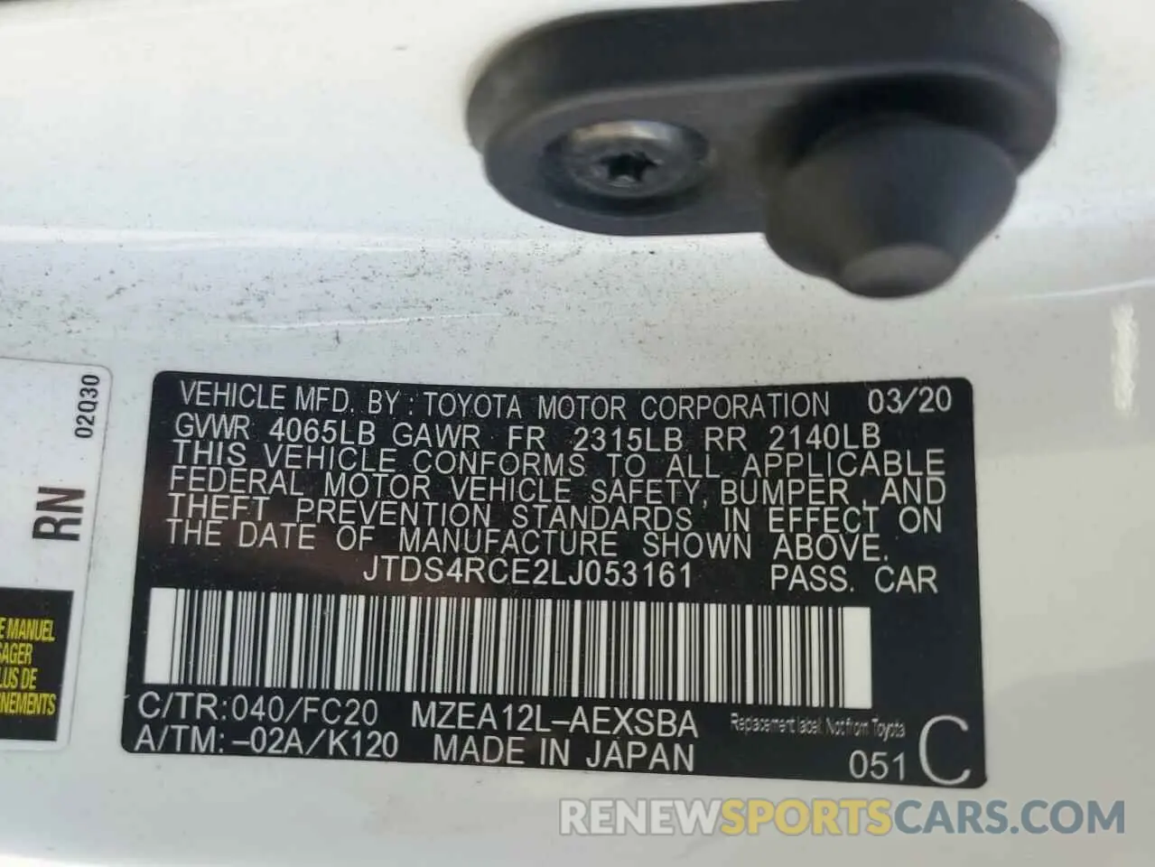 12 fotografías del automóvil dañado JTDS4RCE2LJ053161 TOYOTA COROLLA 2020