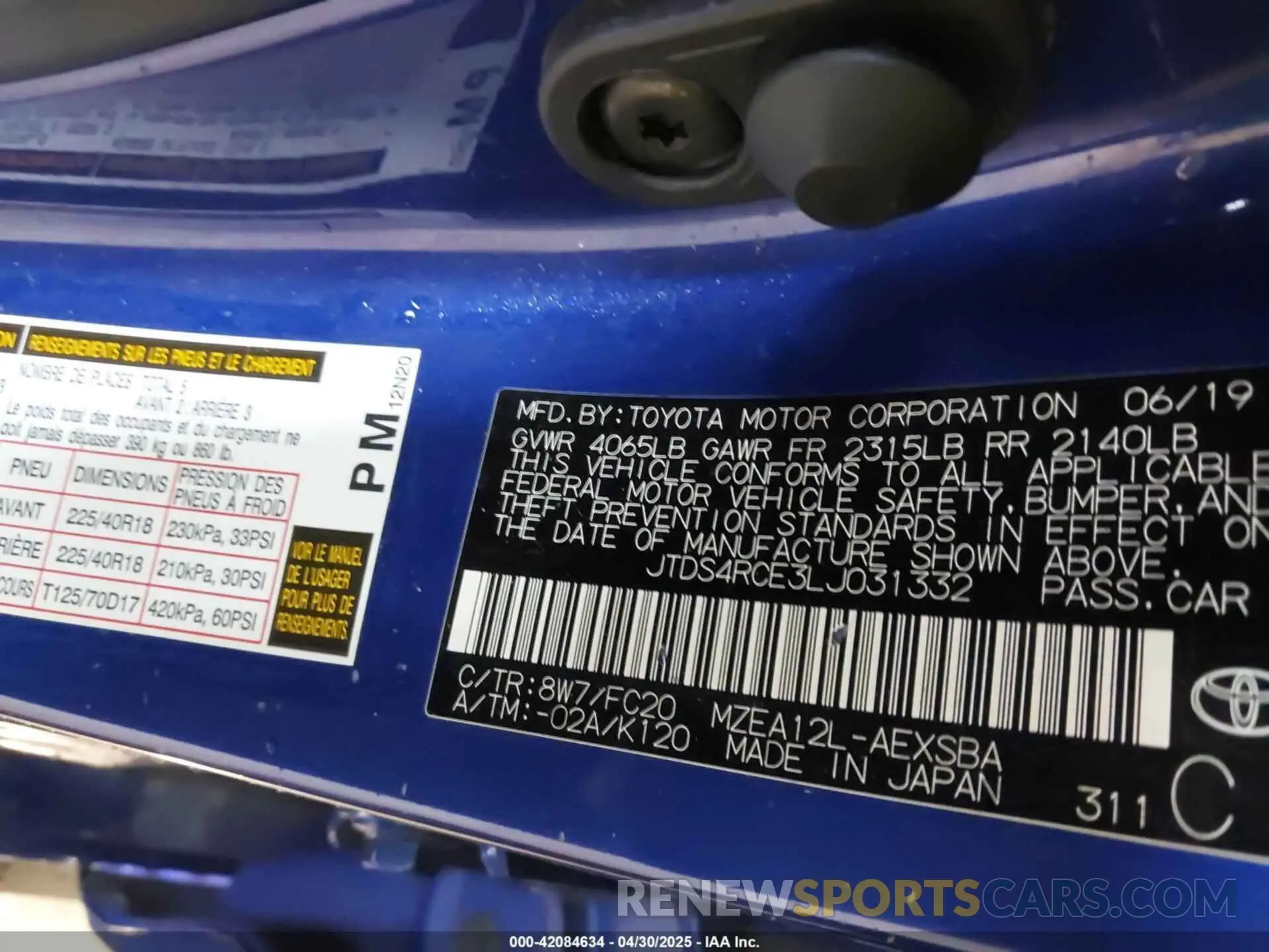 9 fotografías del automóvil dañado JTDS4RCE3LJ031332 TOYOTA COROLLA 2020