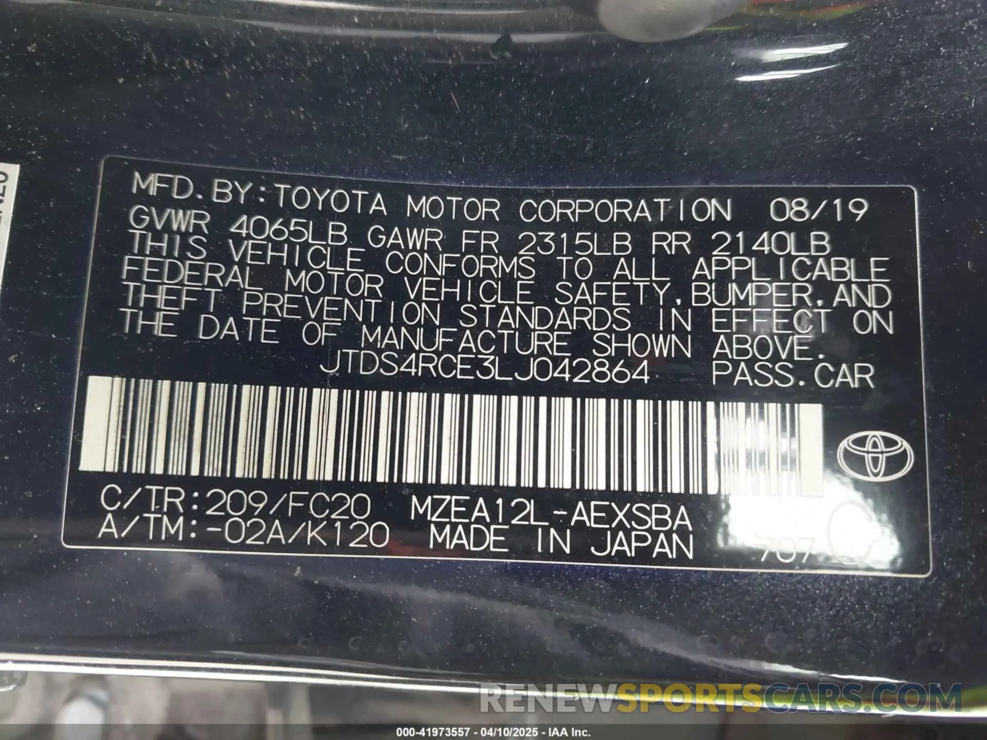 9 fotografías del automóvil dañado JTDS4RCE3LJ042864 TOYOTA COROLLA 2020