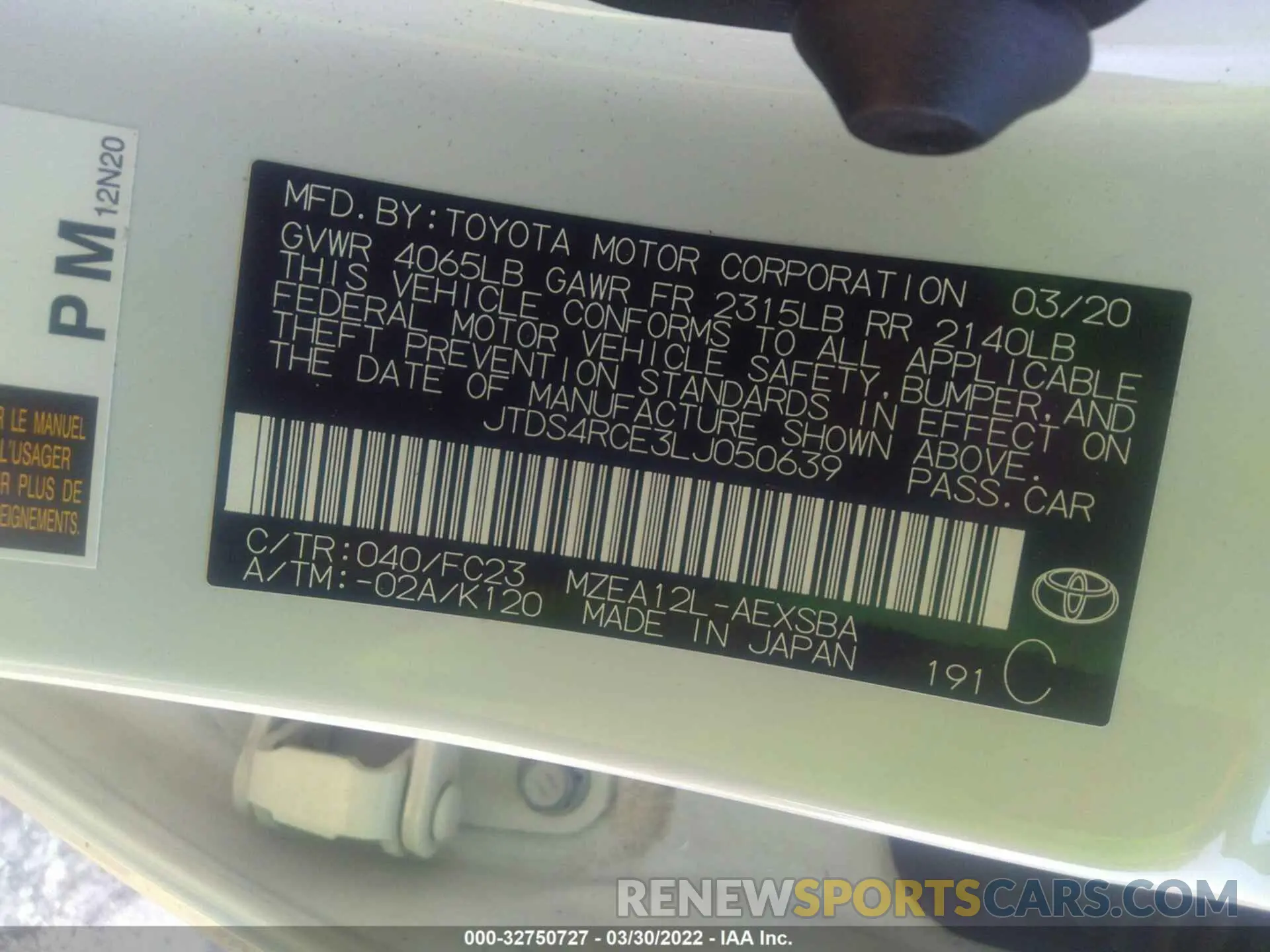 9 fotografías del automóvil dañado JTDS4RCE3LJ050639 TOYOTA COROLLA 2020