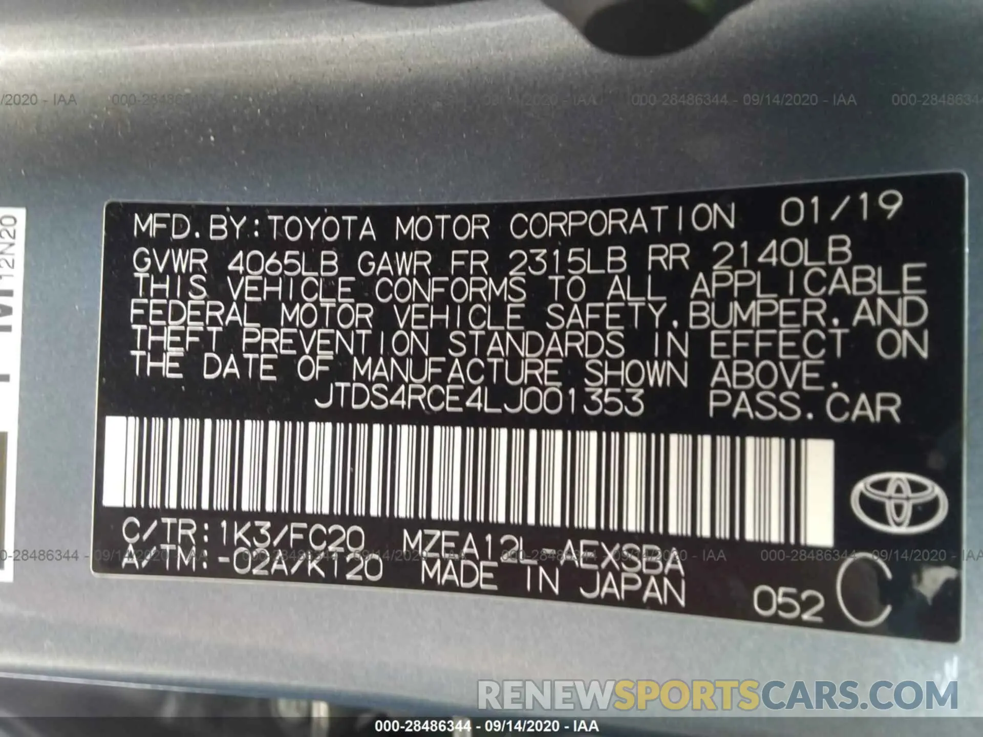 9 fotografías del automóvil dañado JTDS4RCE4LJ001353 TOYOTA COROLLA 2020