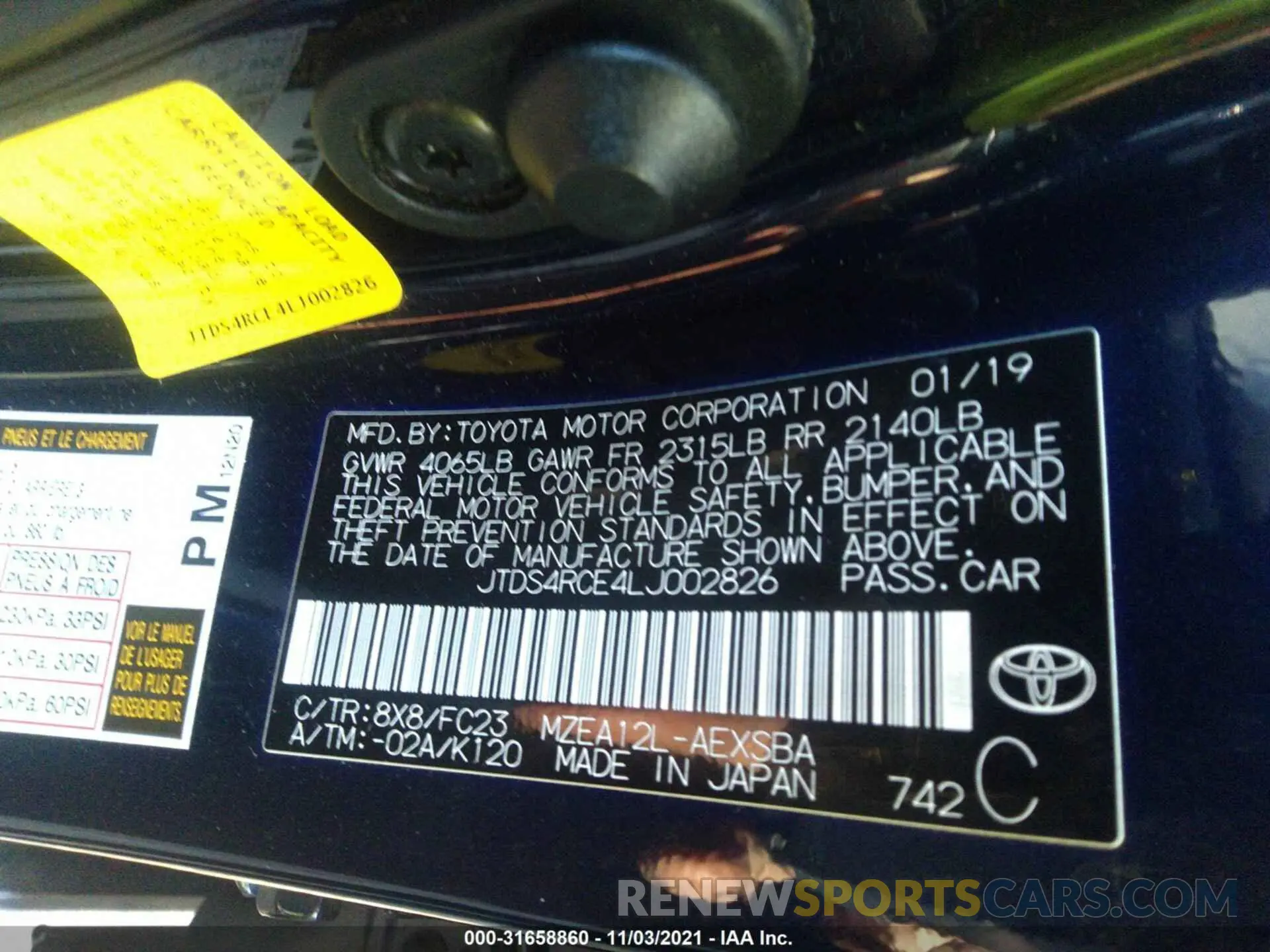 9 fotografías del automóvil dañado JTDS4RCE4LJ002826 TOYOTA COROLLA 2020