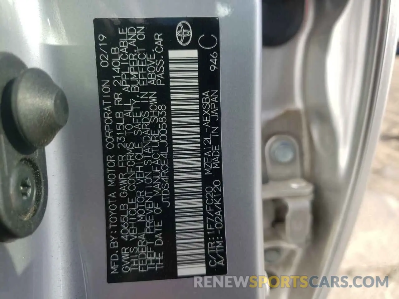 10 fotografías del automóvil dañado JTDS4RCE4LJ005838 TOYOTA COROLLA 2020