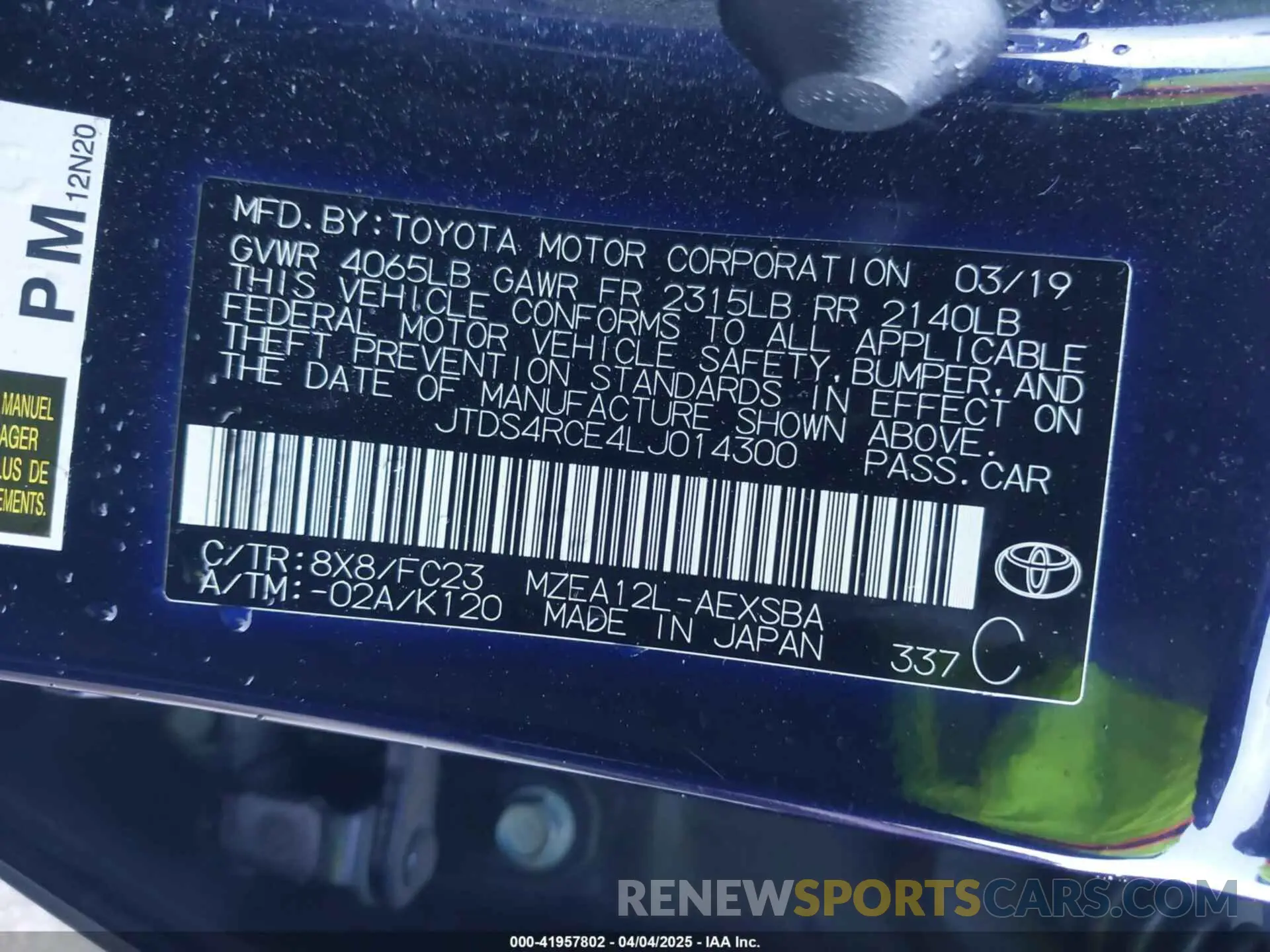 9 fotografías del automóvil dañado JTDS4RCE4LJ014300 TOYOTA COROLLA 2020