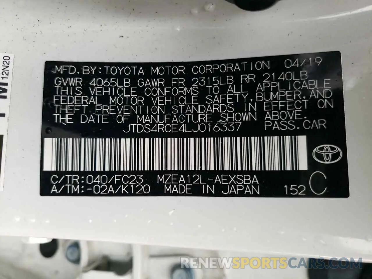 10 fotografías del automóvil dañado JTDS4RCE4LJ016337 TOYOTA COROLLA 2020
