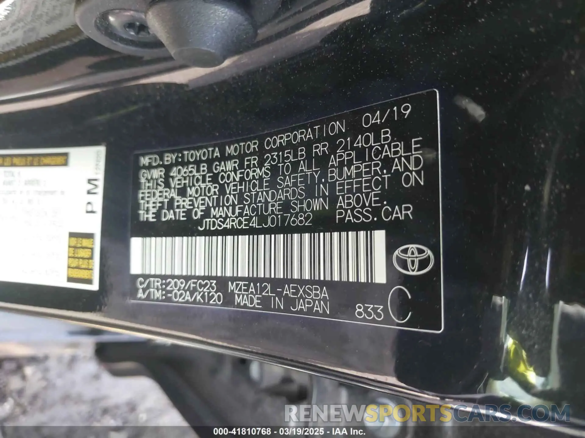 9 fotografías del automóvil dañado JTDS4RCE4LJ017682 TOYOTA COROLLA 2020