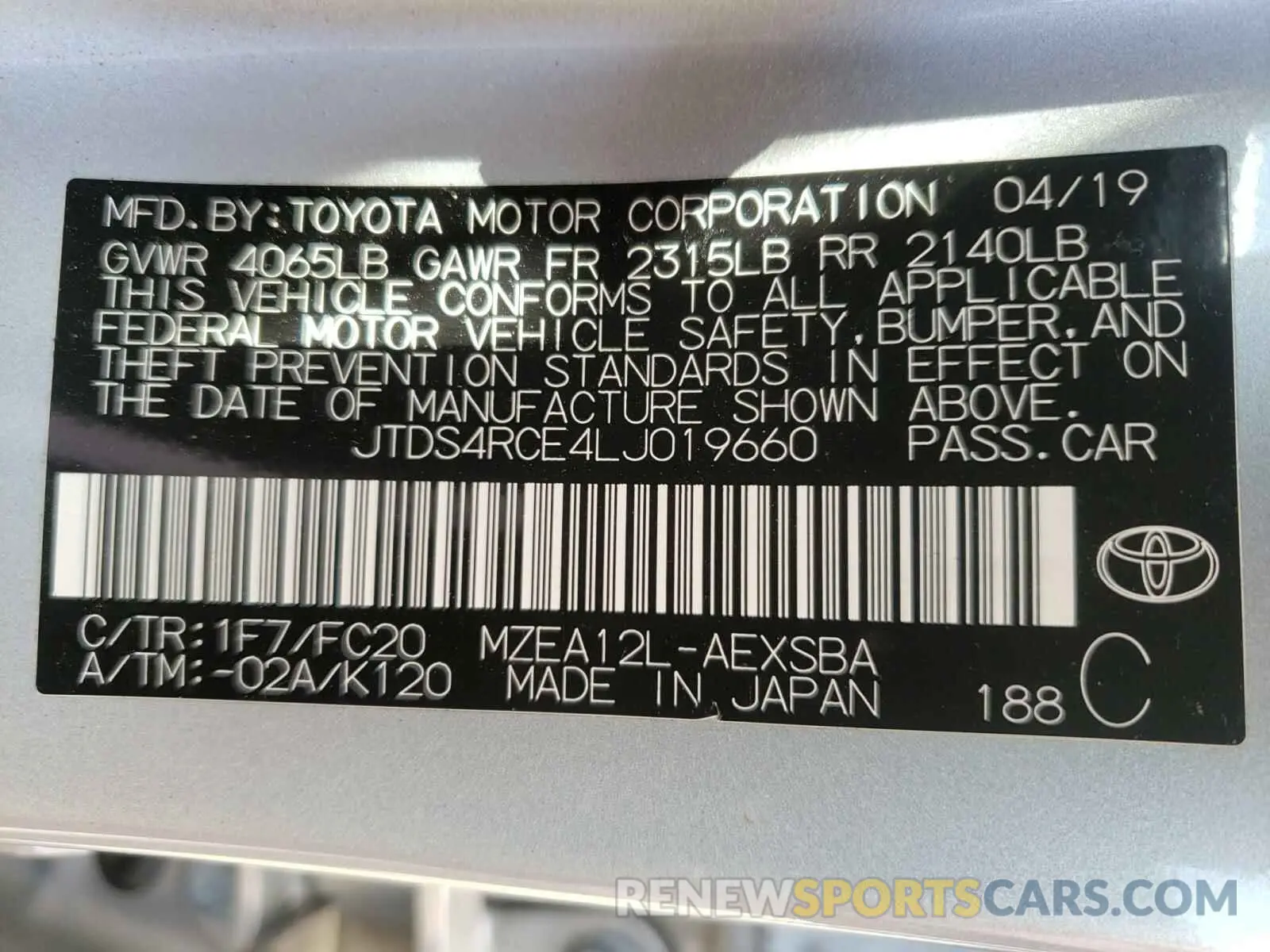 10 fotografías del automóvil dañado JTDS4RCE4LJ019660 TOYOTA COROLLA 2020