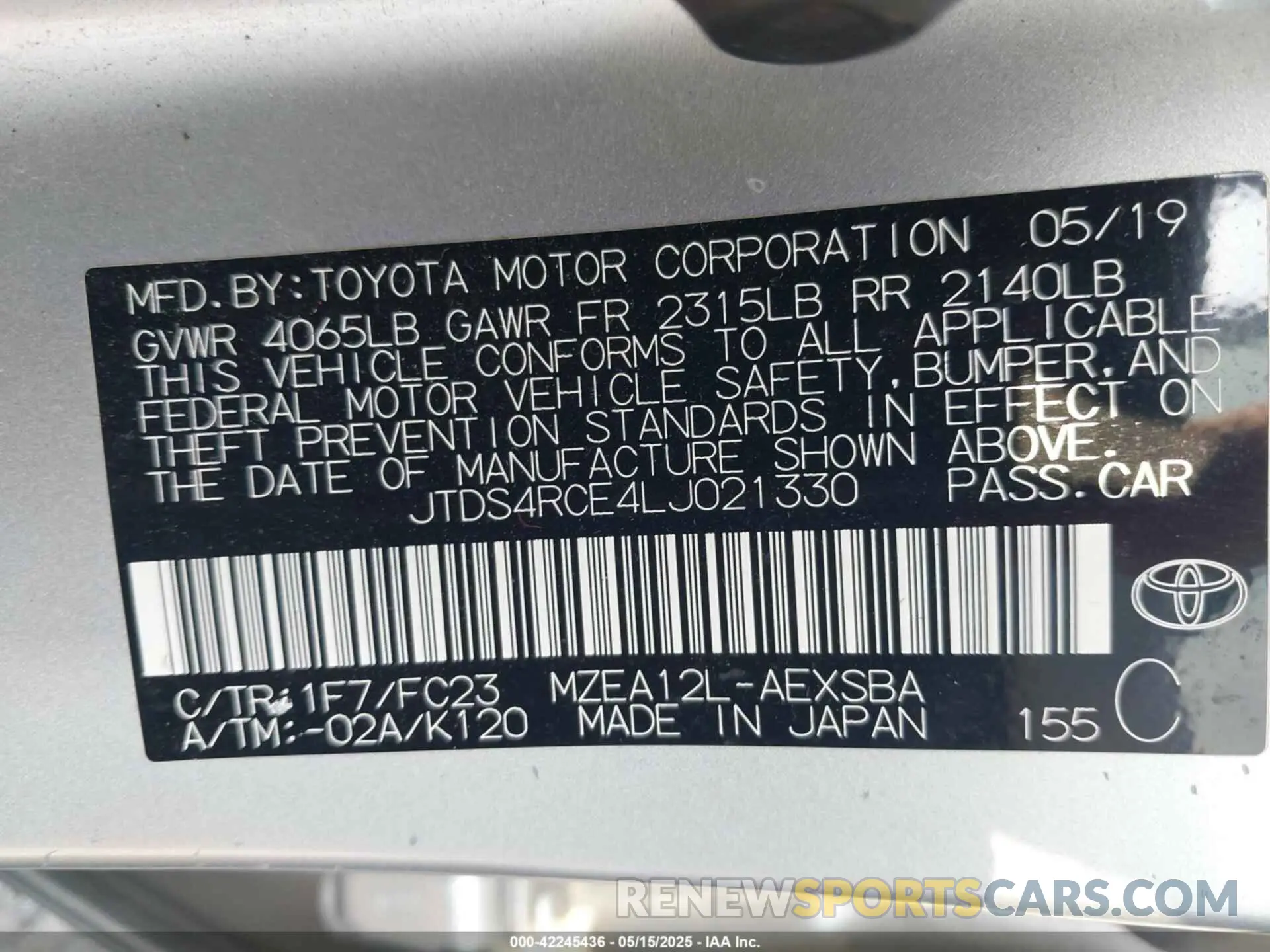 9 fotografías del automóvil dañado JTDS4RCE4LJ021330 TOYOTA COROLLA 2020