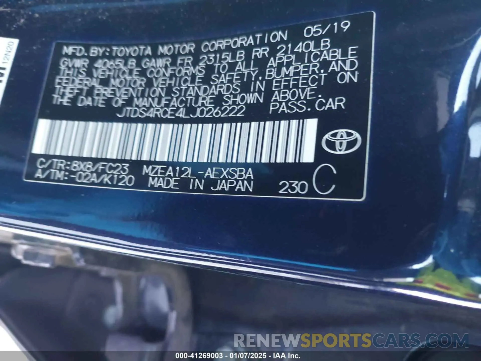 9 fotografías del automóvil dañado JTDS4RCE4LJ026222 TOYOTA COROLLA 2020