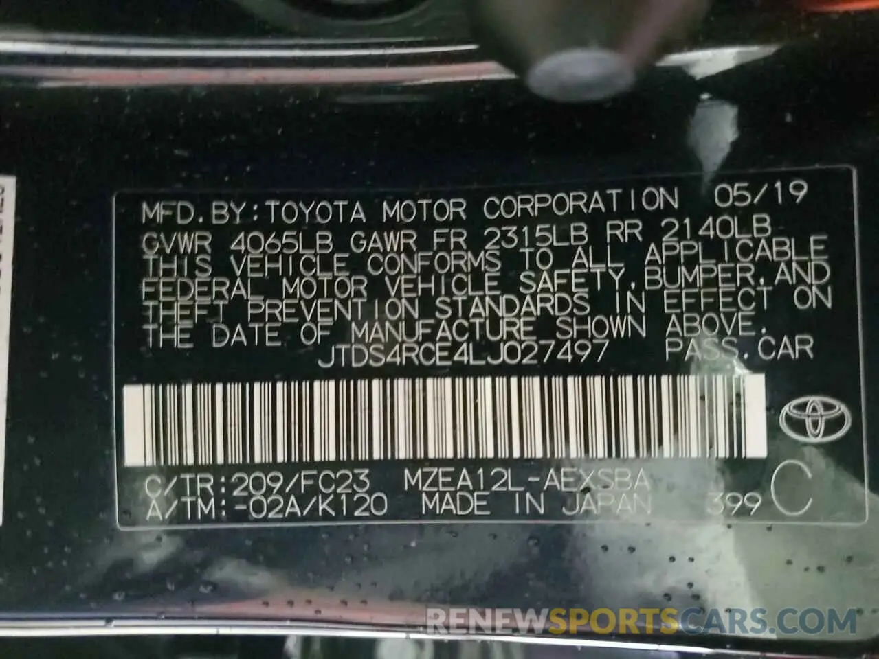 12 fotografías del automóvil dañado JTDS4RCE4LJ027497 TOYOTA COROLLA 2020