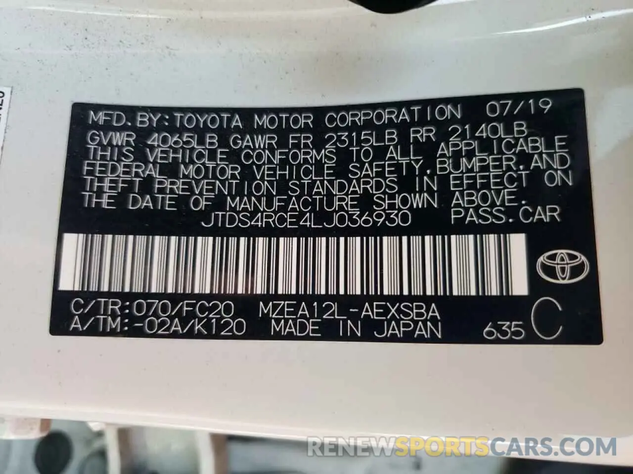 10 fotografías del automóvil dañado JTDS4RCE4LJ036930 TOYOTA COROLLA 2020