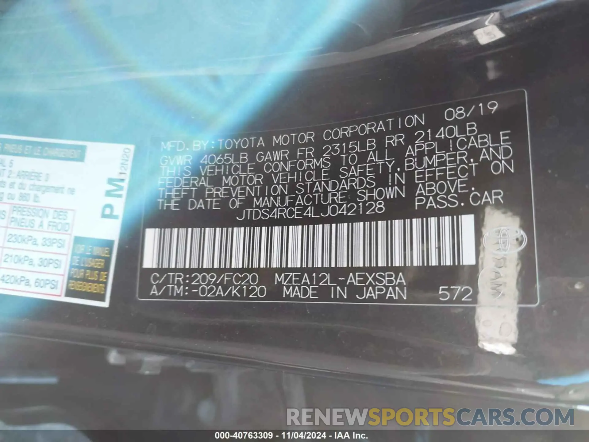 9 fotografías del automóvil dañado JTDS4RCE4LJ042128 TOYOTA COROLLA 2020