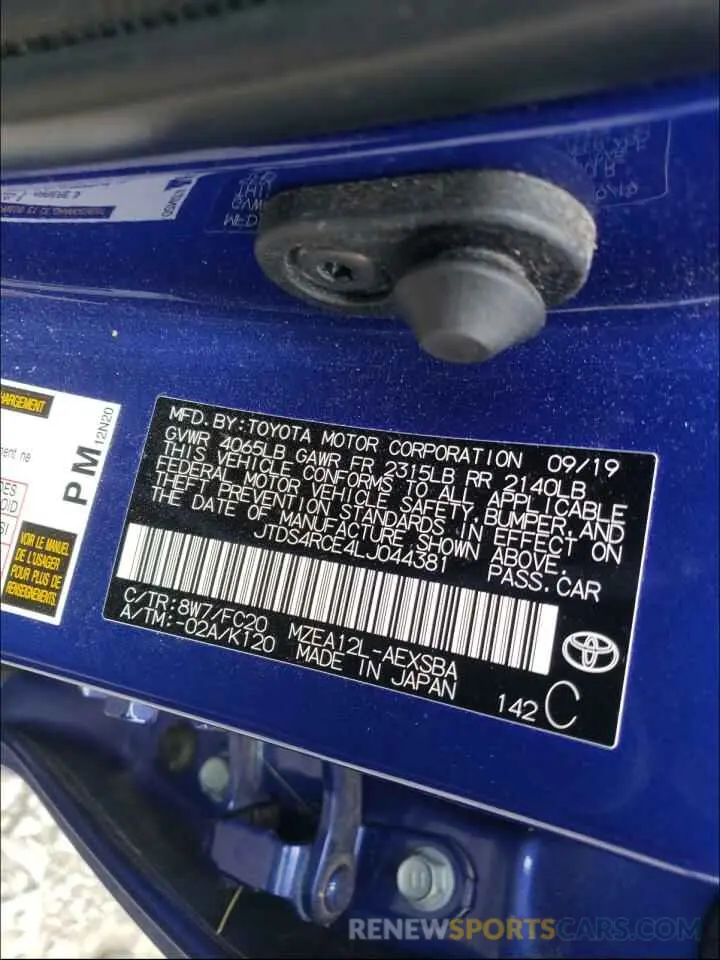 10 fotografías del automóvil dañado JTDS4RCE4LJ044381 TOYOTA COROLLA 2020