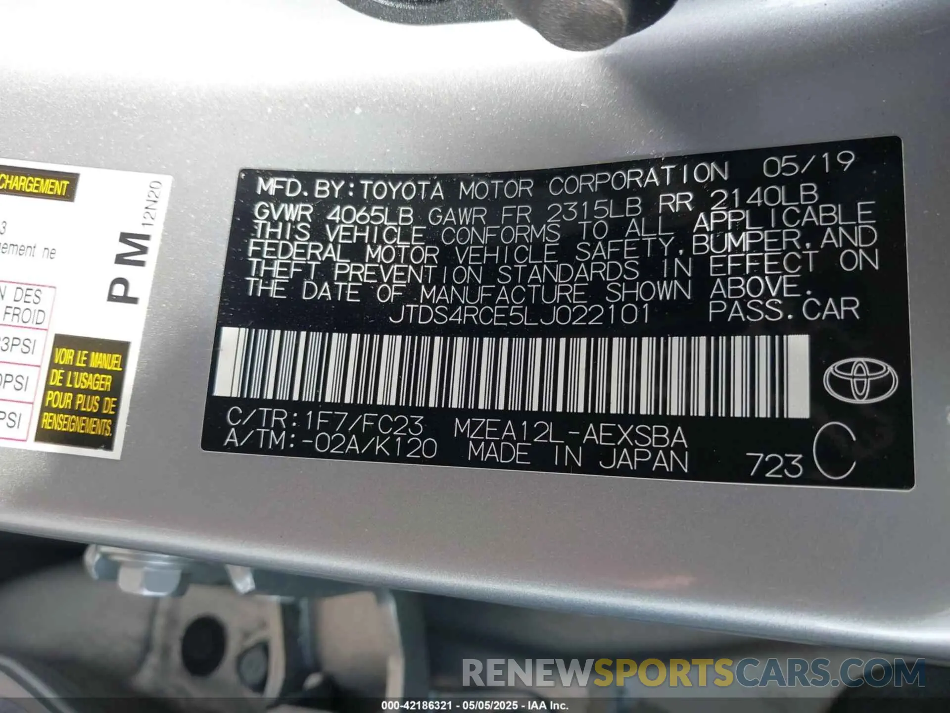 9 fotografías del automóvil dañado JTDS4RCE5LJ022101 TOYOTA COROLLA 2020