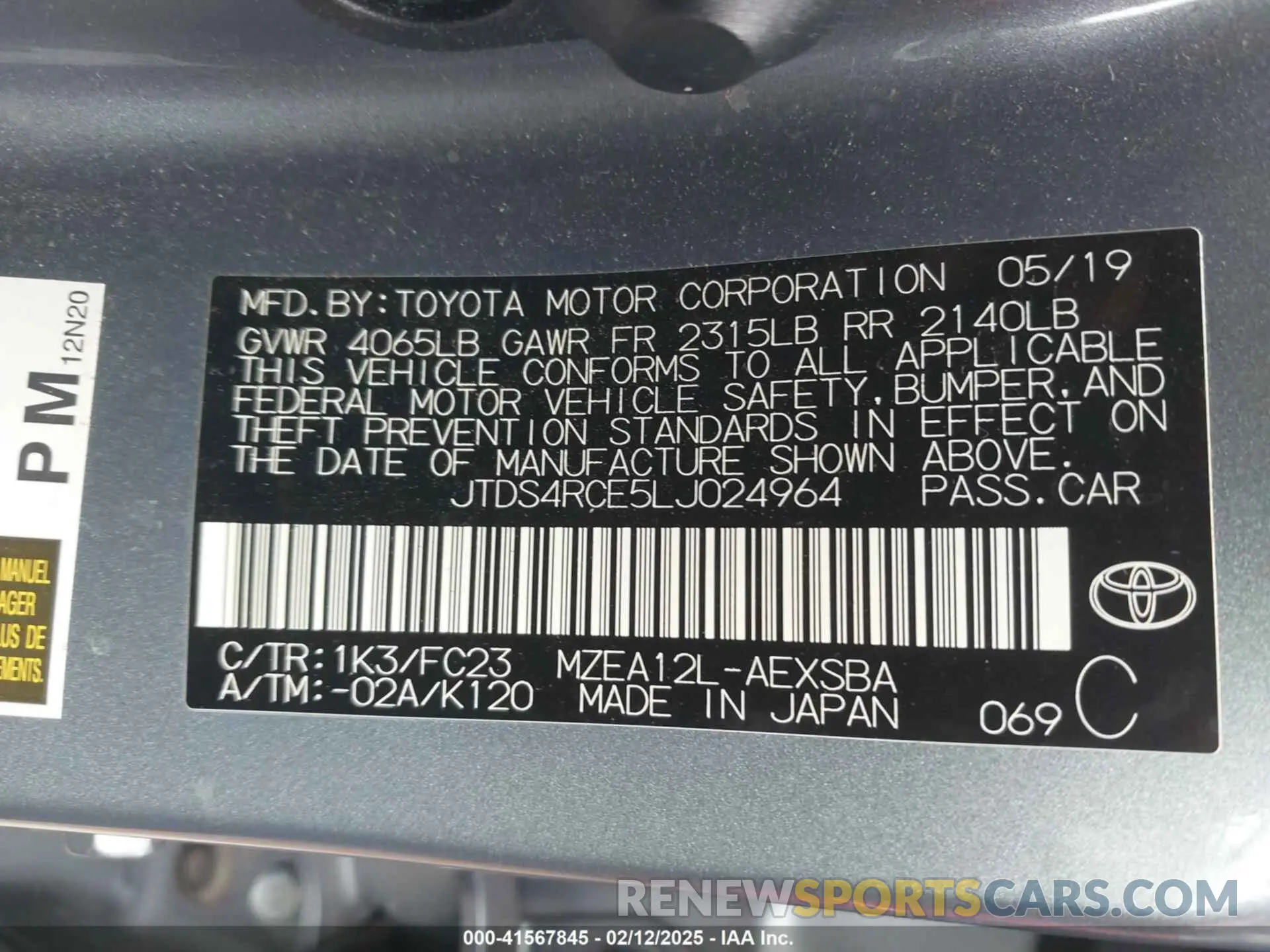 9 fotografías del automóvil dañado JTDS4RCE5LJ024964 TOYOTA COROLLA 2020