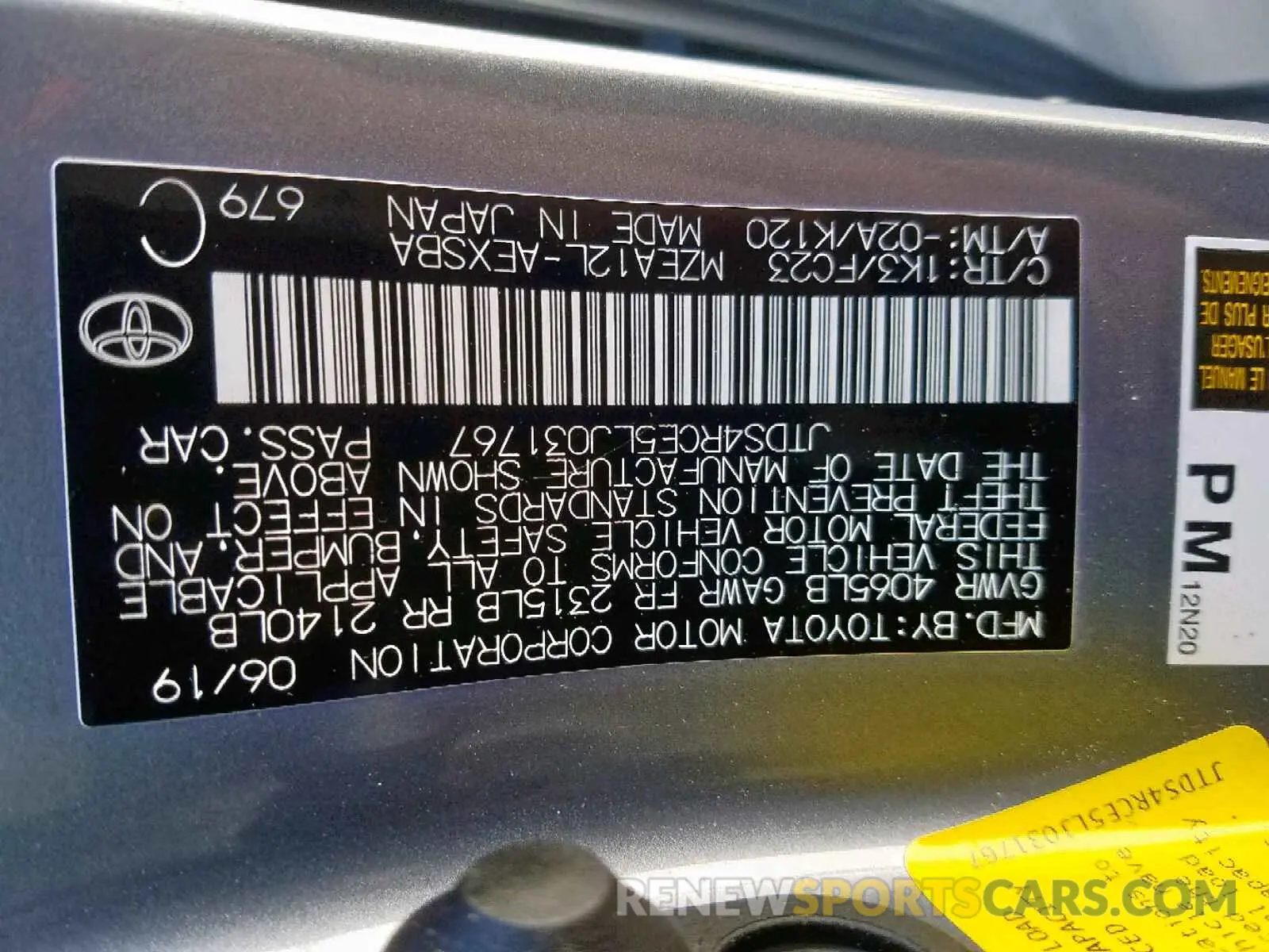 10 fotografías del automóvil dañado JTDS4RCE5LJ031767 TOYOTA COROLLA 2020