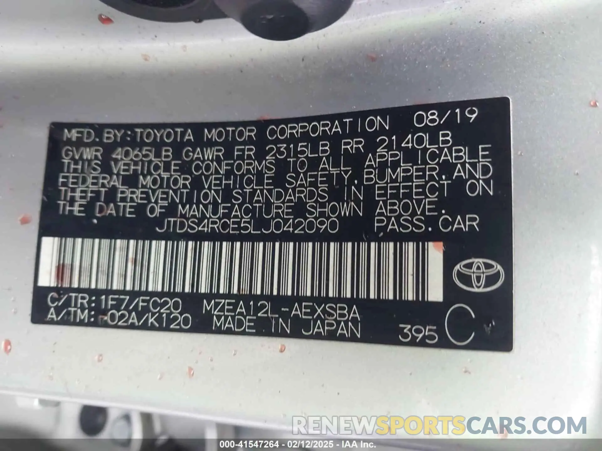 9 fotografías del automóvil dañado JTDS4RCE5LJ042090 TOYOTA COROLLA 2020