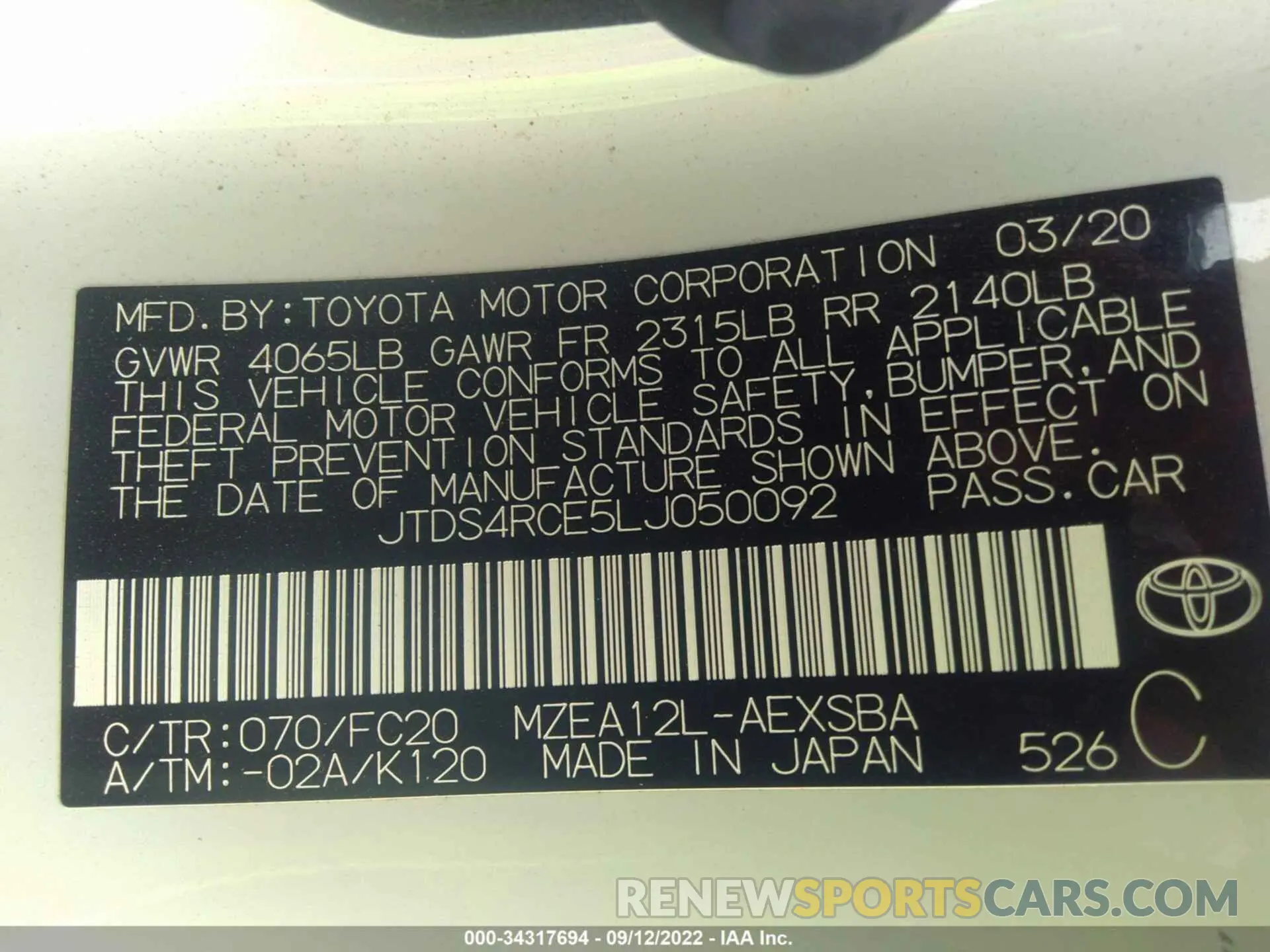 9 fotografías del automóvil dañado JTDS4RCE5LJ050092 TOYOTA COROLLA 2020