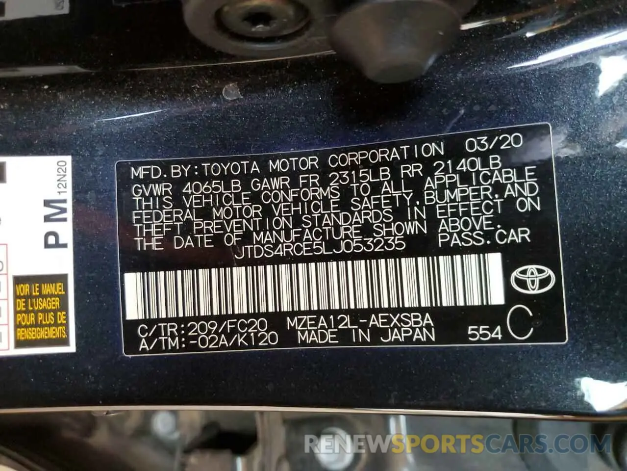 12 fotografías del automóvil dañado JTDS4RCE5LJ053235 TOYOTA COROLLA 2020