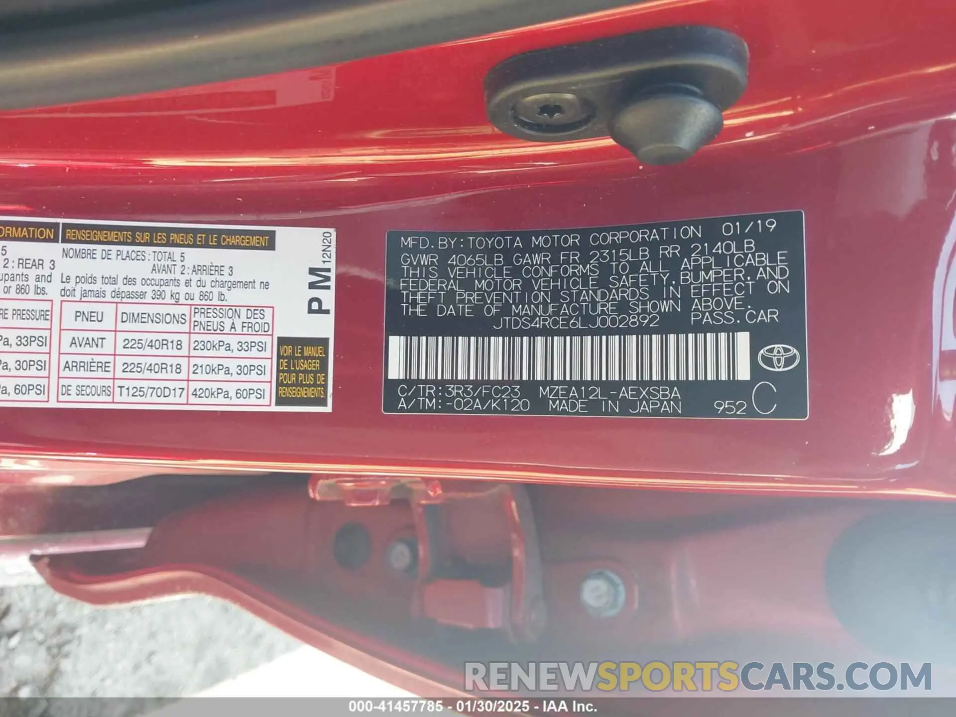 9 fotografías del automóvil dañado JTDS4RCE6LJ002892 TOYOTA COROLLA 2020