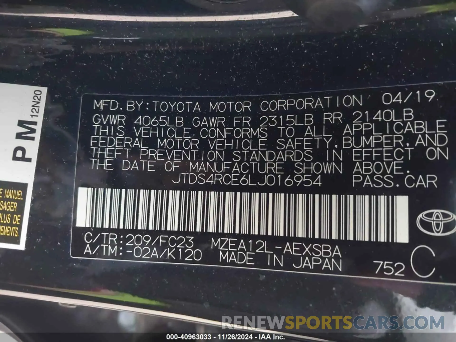 9 fotografías del automóvil dañado JTDS4RCE6LJ016954 TOYOTA COROLLA 2020