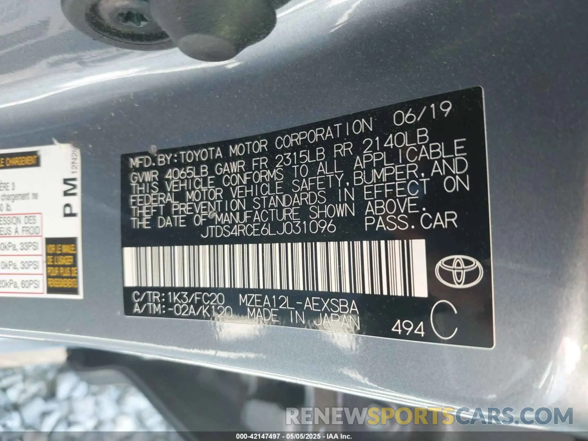 9 fotografías del automóvil dañado JTDS4RCE6LJ031096 TOYOTA COROLLA 2020
