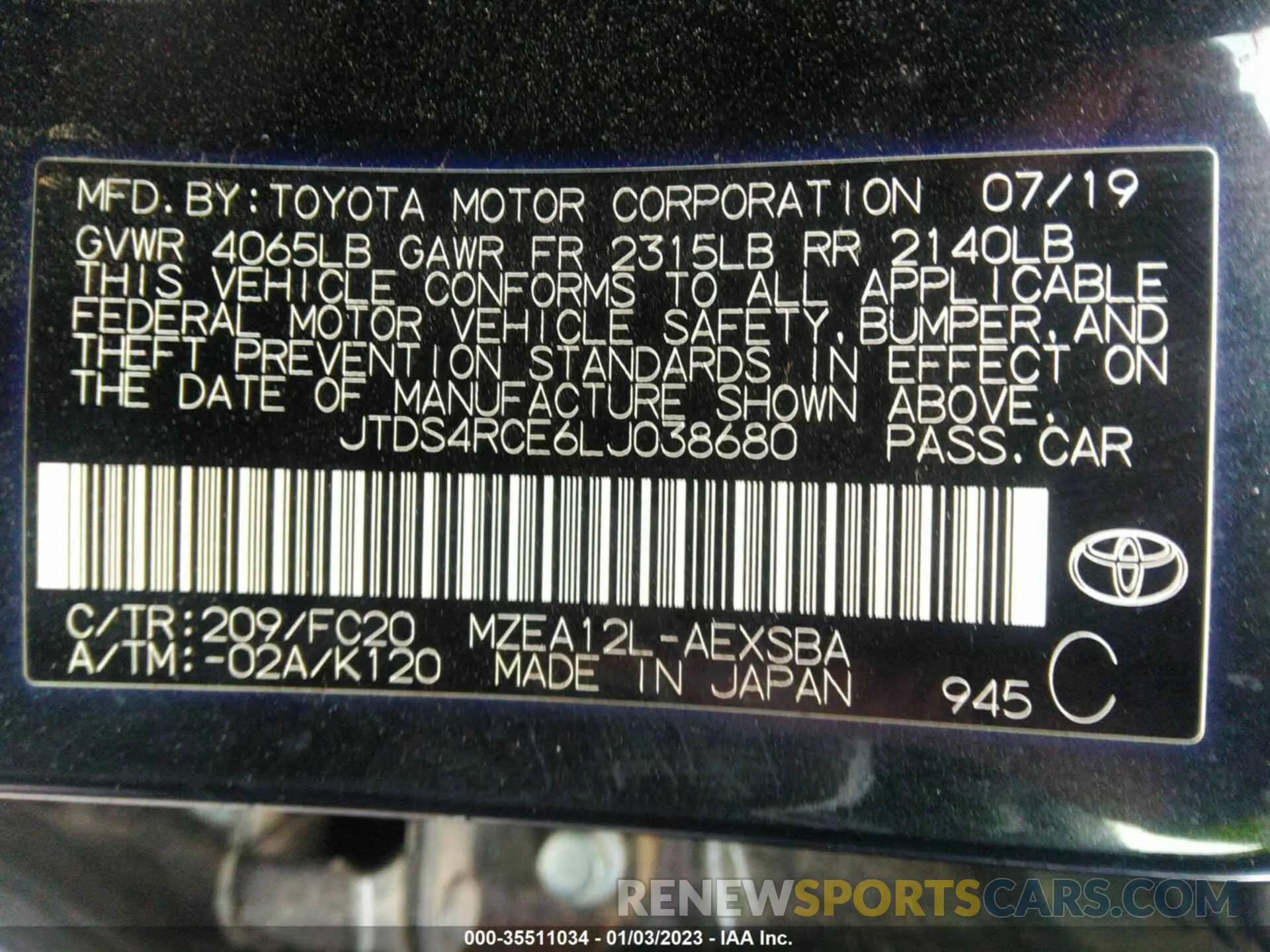 9 fotografías del automóvil dañado JTDS4RCE6LJ038680 TOYOTA COROLLA 2020