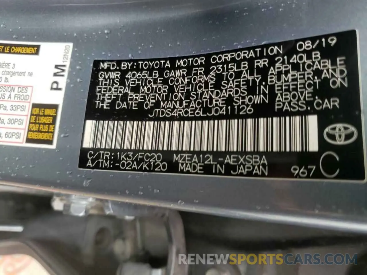 10 fotografías del automóvil dañado JTDS4RCE6LJ041126 TOYOTA COROLLA 2020