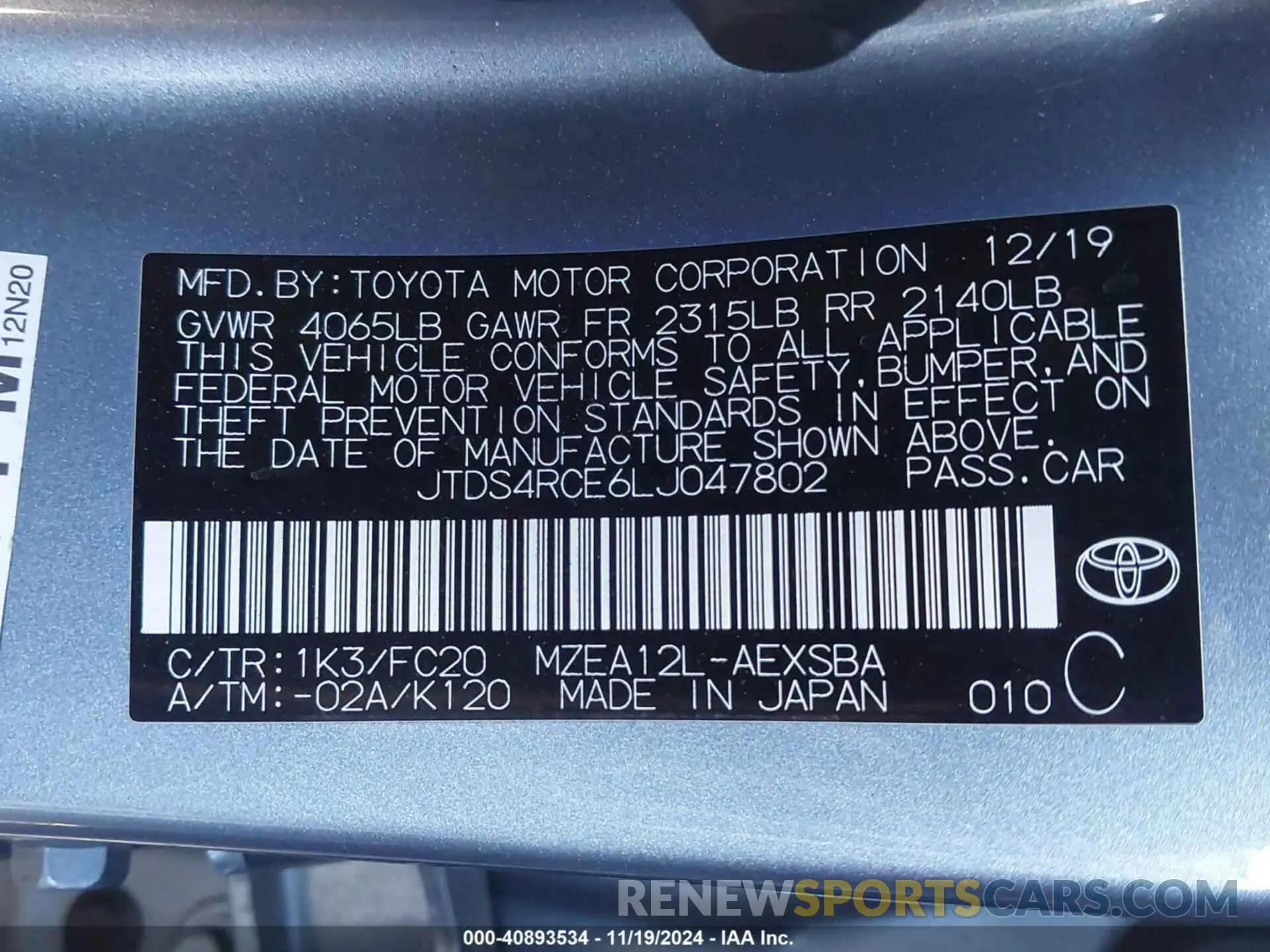 9 fotografías del automóvil dañado JTDS4RCE6LJ047802 TOYOTA COROLLA 2020