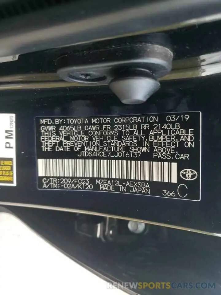 10 fotografías del automóvil dañado JTDS4RCE7LJ016137 TOYOTA COROLLA 2020