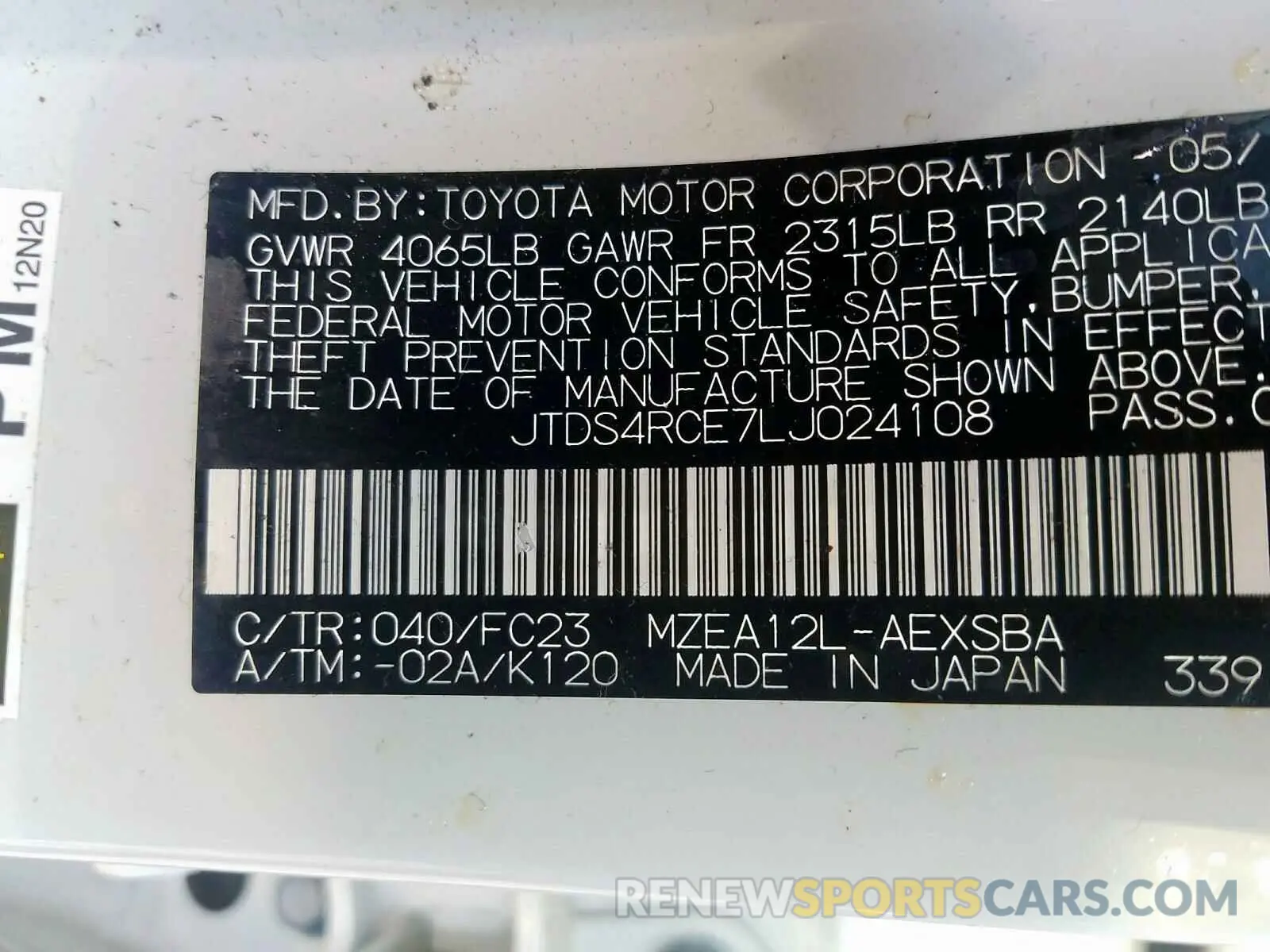 10 fotografías del automóvil dañado JTDS4RCE7LJ024108 TOYOTA COROLLA 2020