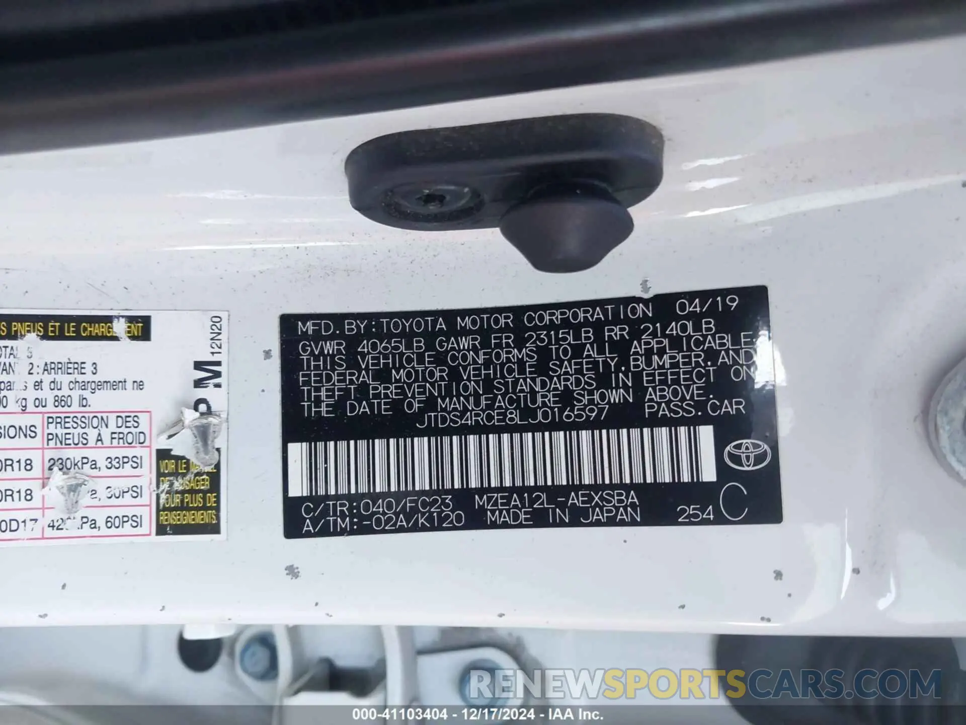 9 fotografías del automóvil dañado JTDS4RCE8LJ016597 TOYOTA COROLLA 2020