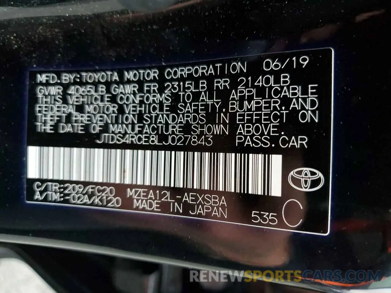 12 fotografías del automóvil dañado JTDS4RCE8LJ027843 TOYOTA COROLLA 2020