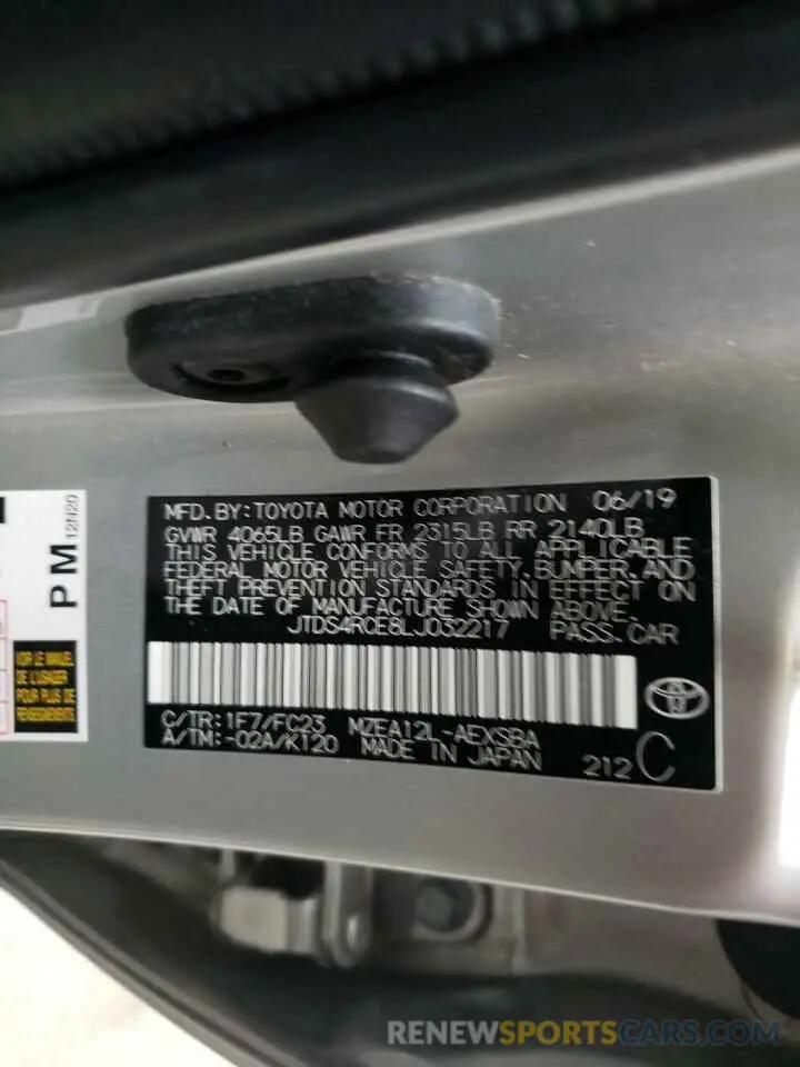 10 fotografías del automóvil dañado JTDS4RCE8LJ032217 TOYOTA COROLLA 2020