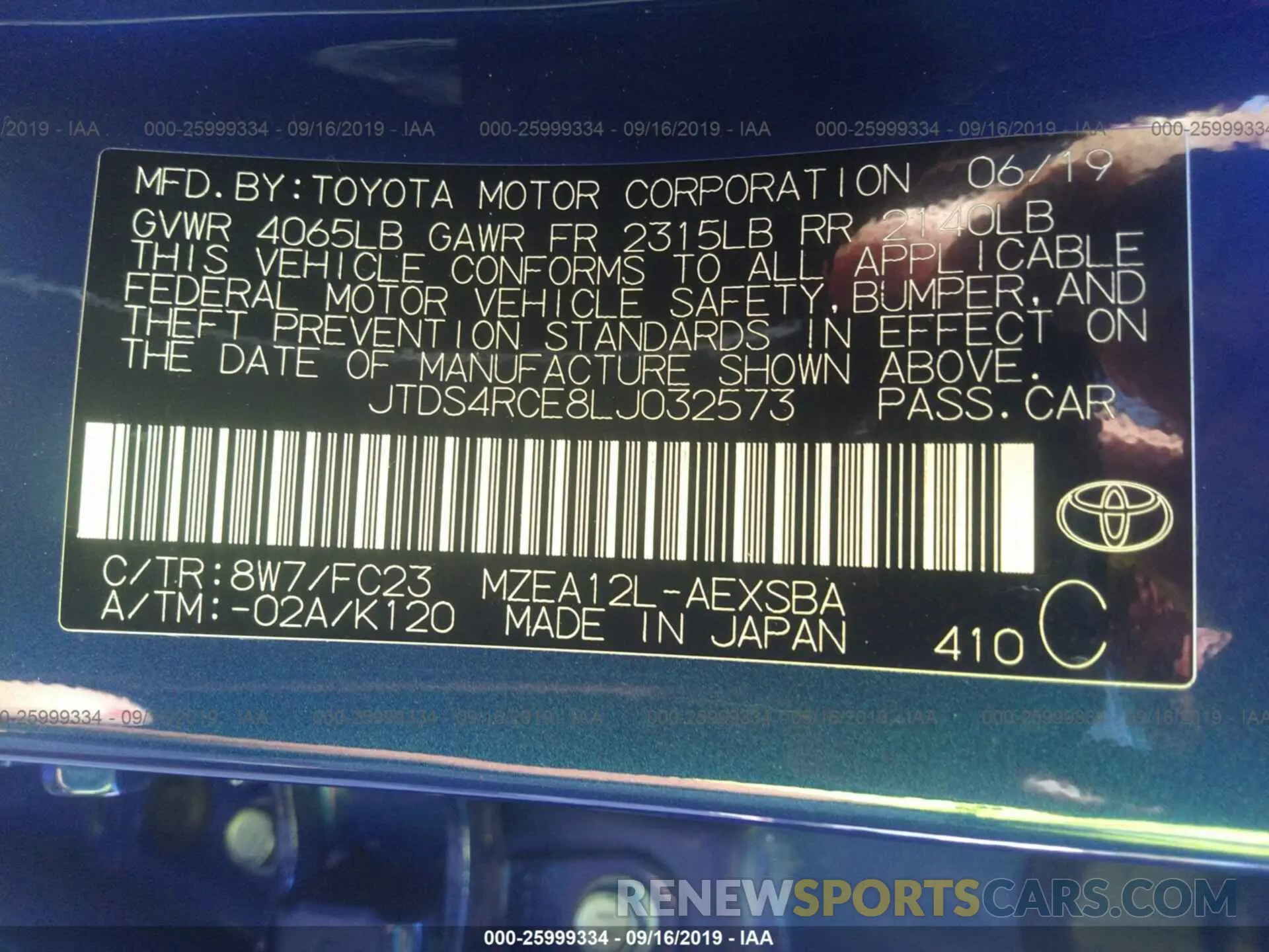 9 fotografías del automóvil dañado JTDS4RCE8LJ032573 TOYOTA COROLLA 2020