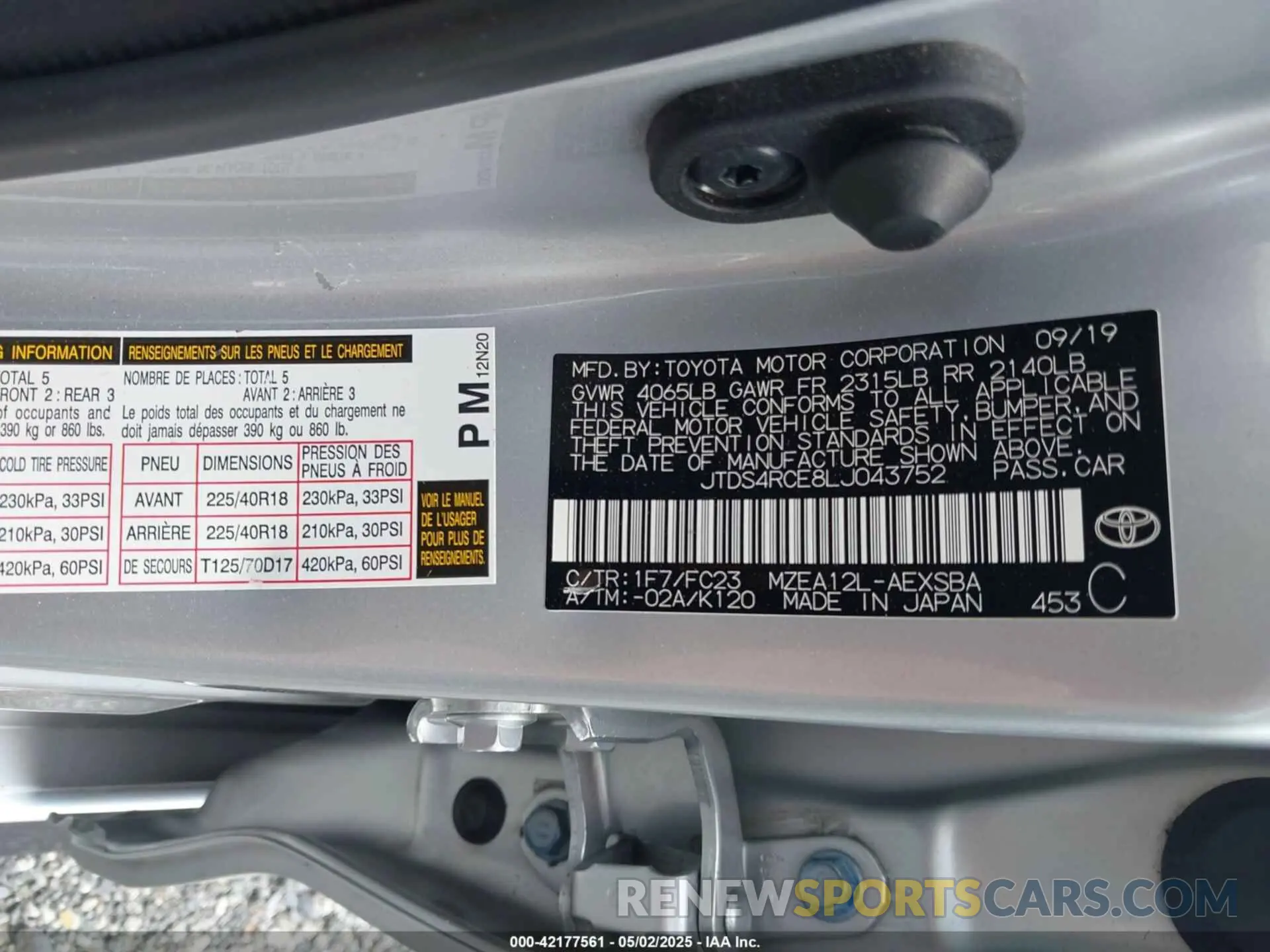 9 fotografías del automóvil dañado JTDS4RCE8LJ043752 TOYOTA COROLLA 2020