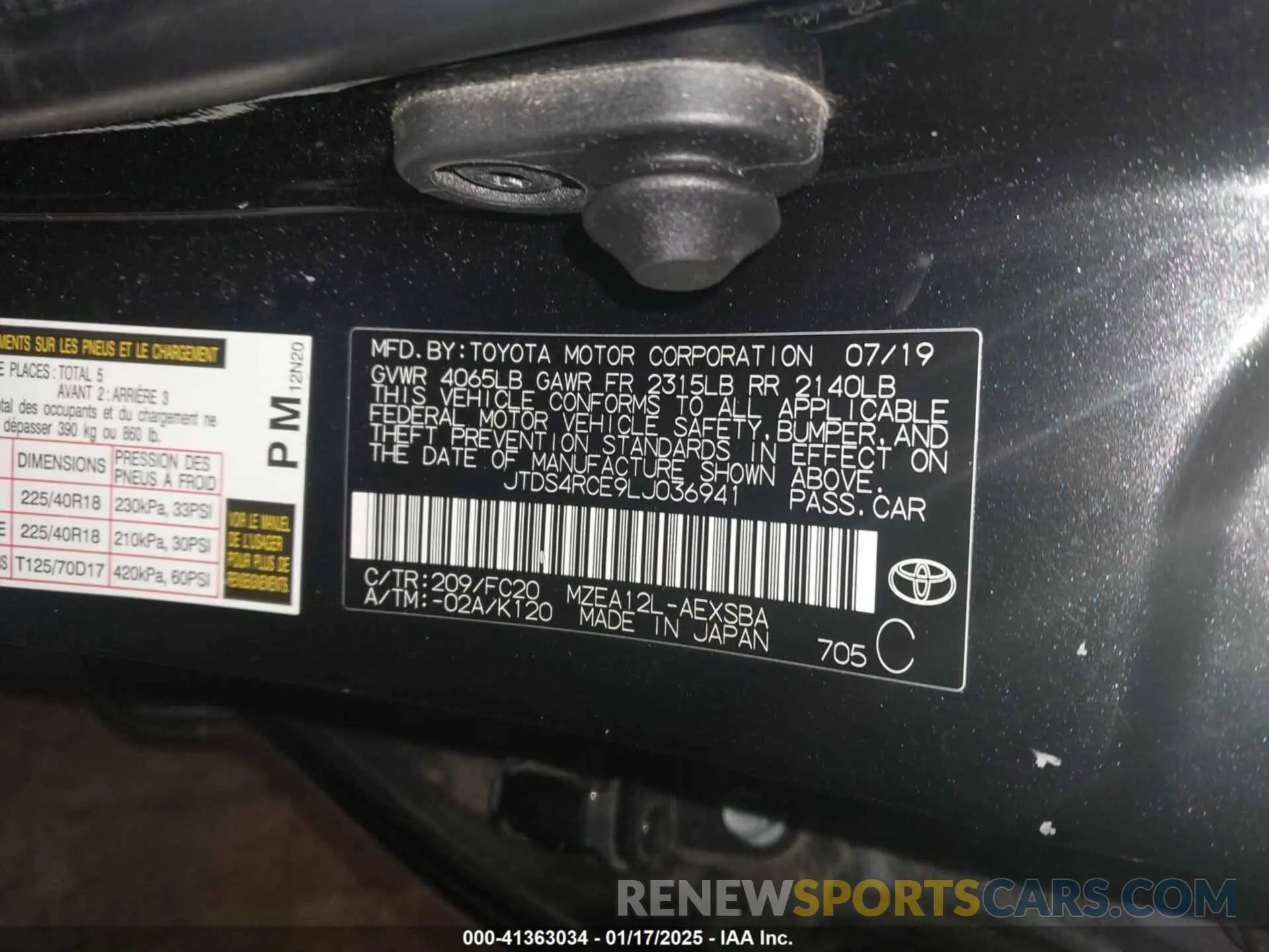 9 fotografías del automóvil dañado JTDS4RCE9LJ036941 TOYOTA COROLLA 2020